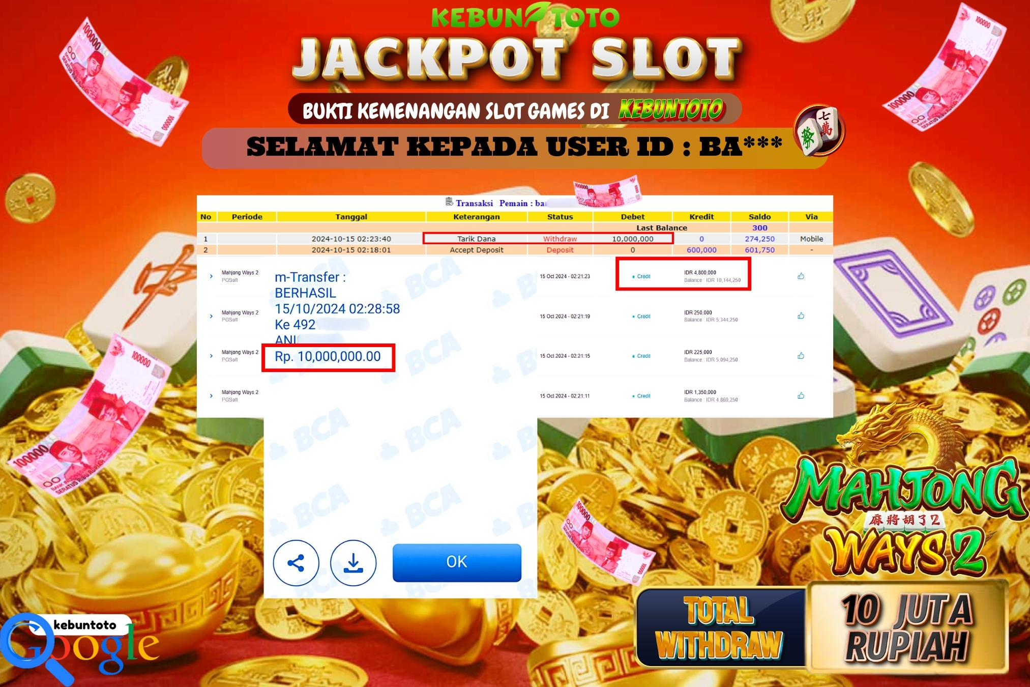 KEBUNTOTO JACKPOT SLOT MAHJONG WAYS 2 Rp.10.000.000,- LUNAS