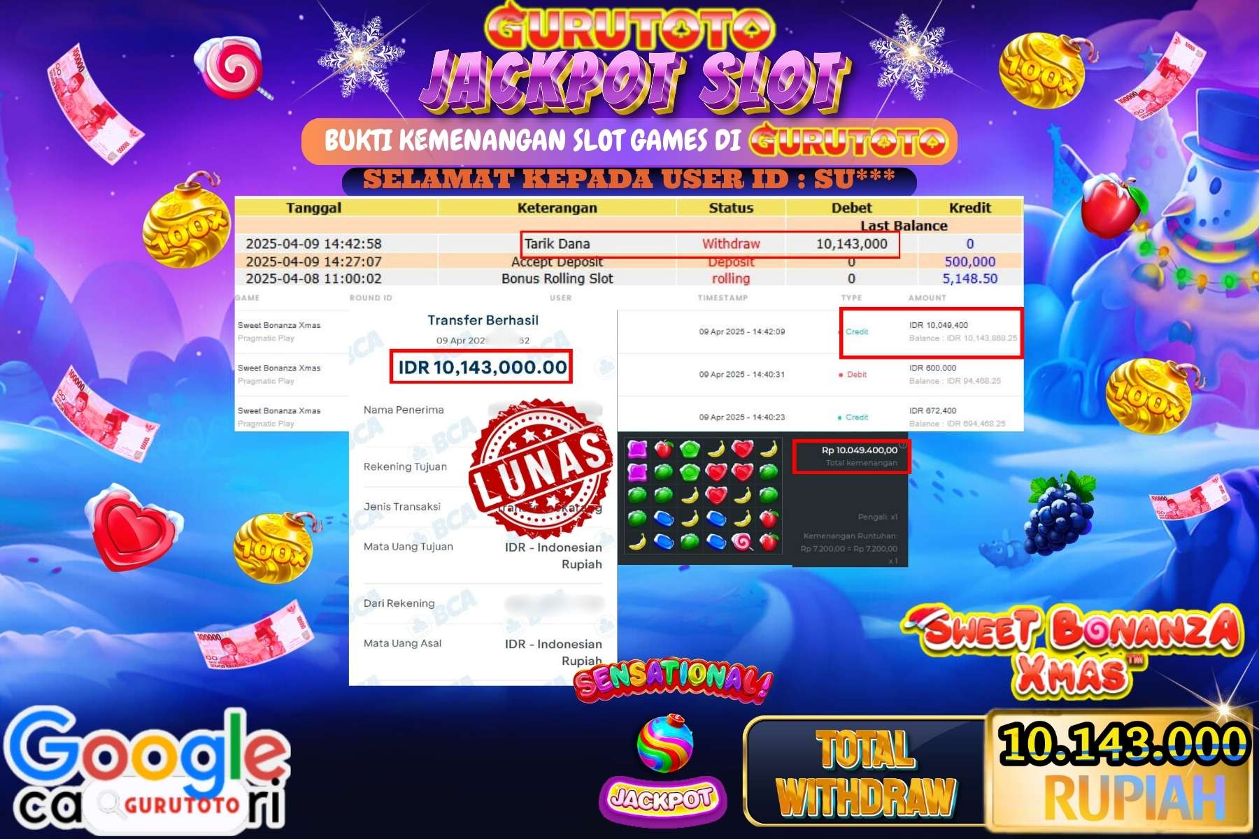 KEBUNTOTO JACKPOT, SLOT SWEET BONANZA XMAS Rp 10.143.000,- LUNAS