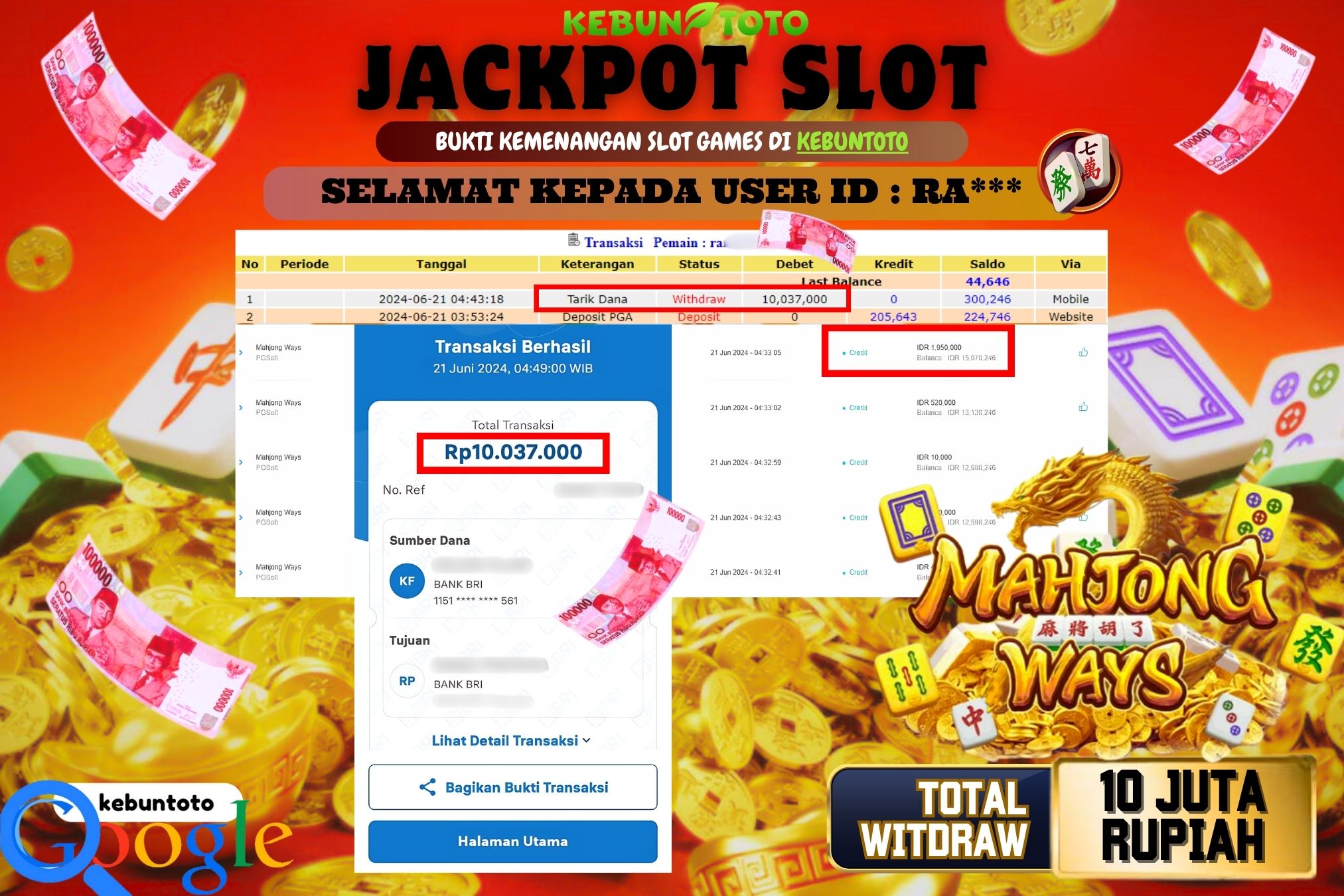KEBUNTOTO JACKPOT SLOT MAHJONG WAYS Rp.10.037.000,- LUNAS