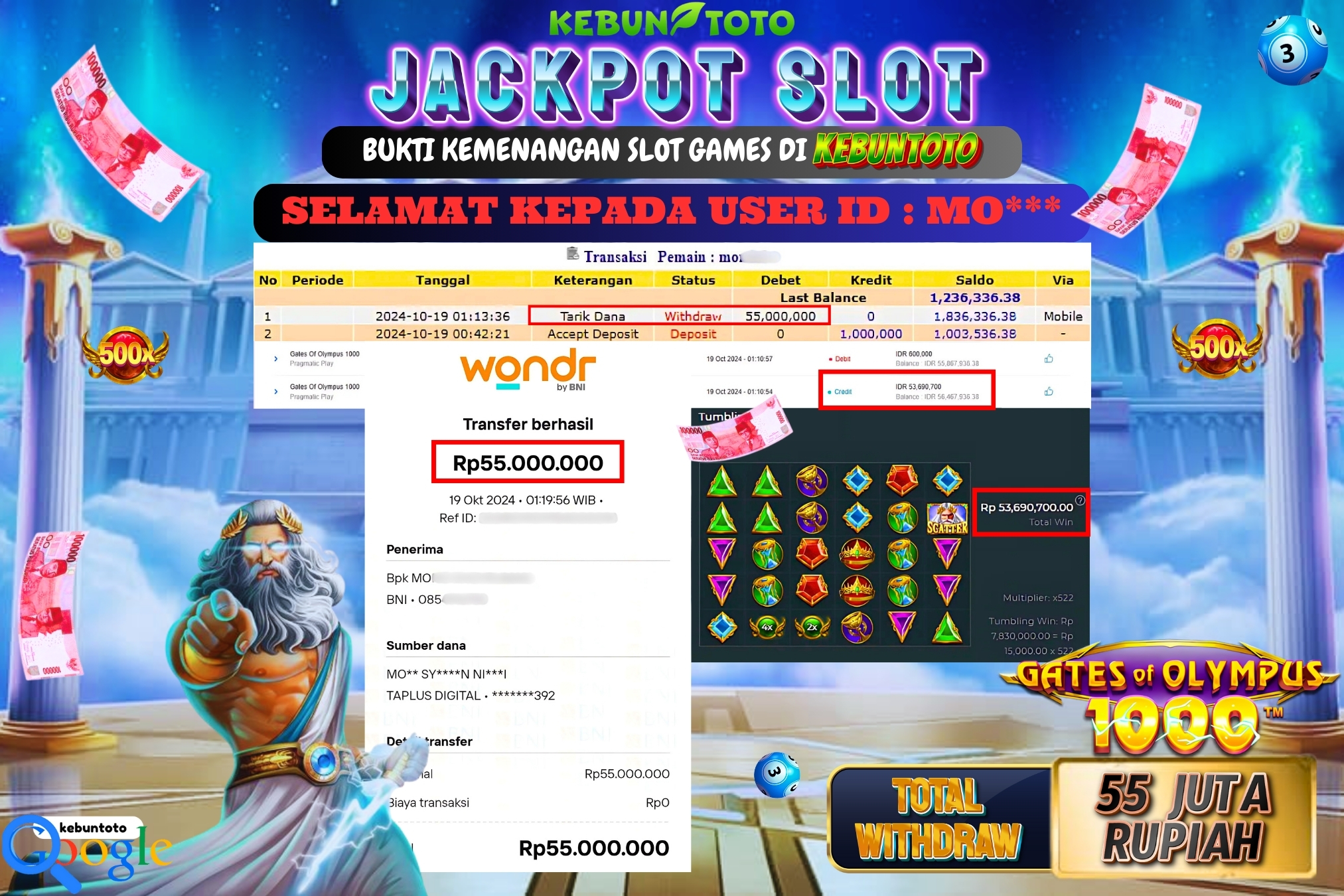 KEBUNTOTO JACKPOT SLOT GATES OF OLYMPUS 1000 Rp.55.000.000,- LUNAS