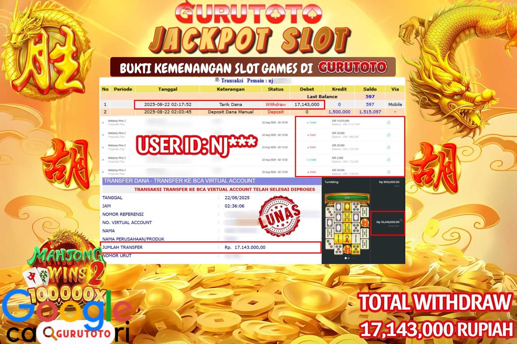 Bukti Kemenangan Rp 17.143.000 SLOT MAHJONG WINS 2 di GURUTOTO!