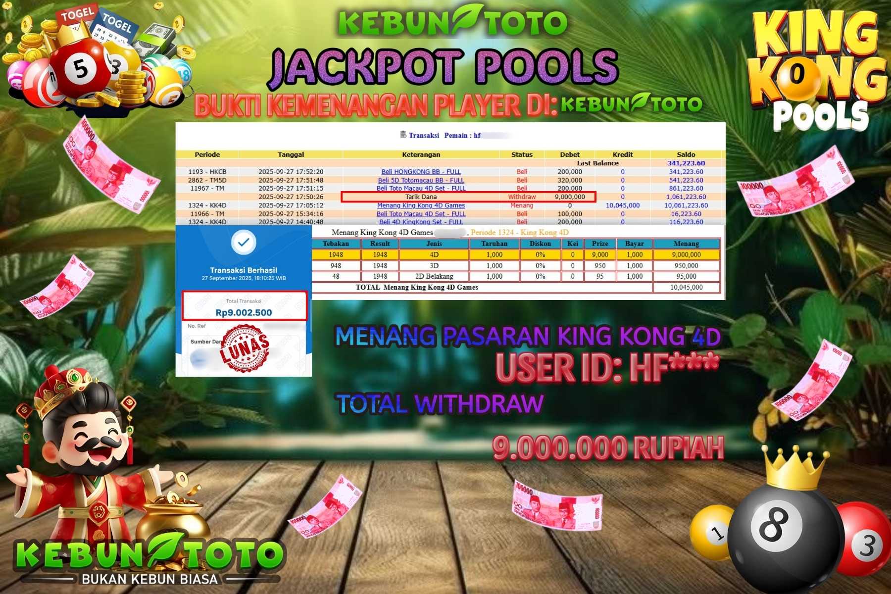 Bukti Kemenangan Rp 9.000.000 TOGEL KINGKONG 4D di KEBUNTOTO!