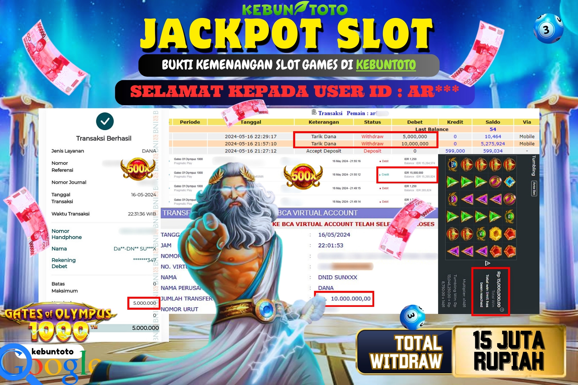 KEBUNTOTO JACKPOT SLOT GATES OF OLYMPUS 1000 Rp.15.000.000,- LUNAS