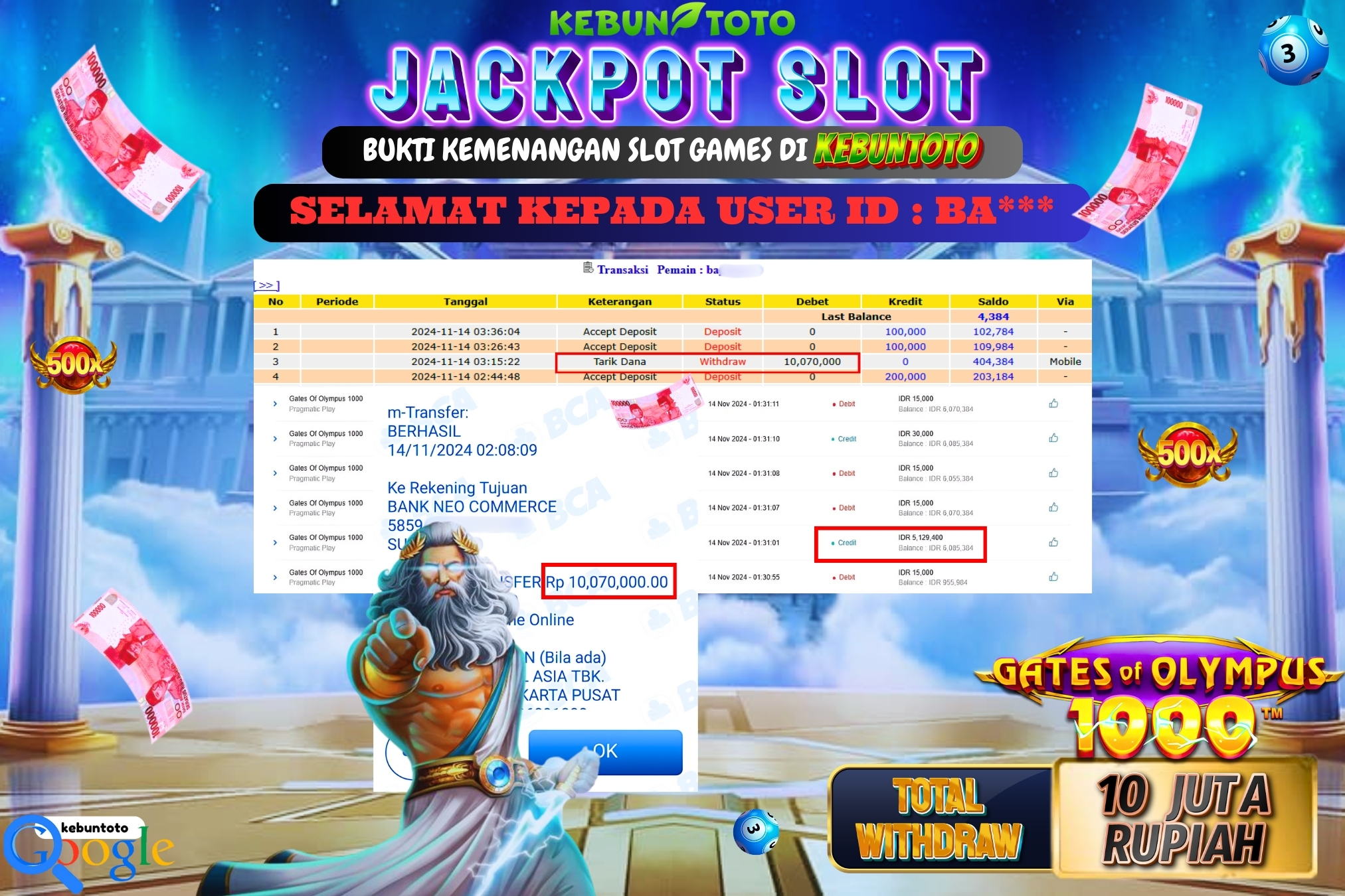 KEBUNTOTO JACKPOT SLOT GATES OF OLYMPUS 1000 Rp.10.070.000,- LUNAS