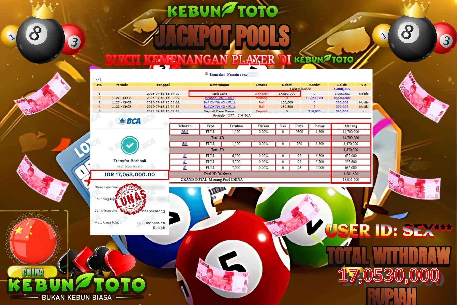 Bukti Kemenangan Rp 17.053.000 TOGEL CHINA di KEBUNTOTO!