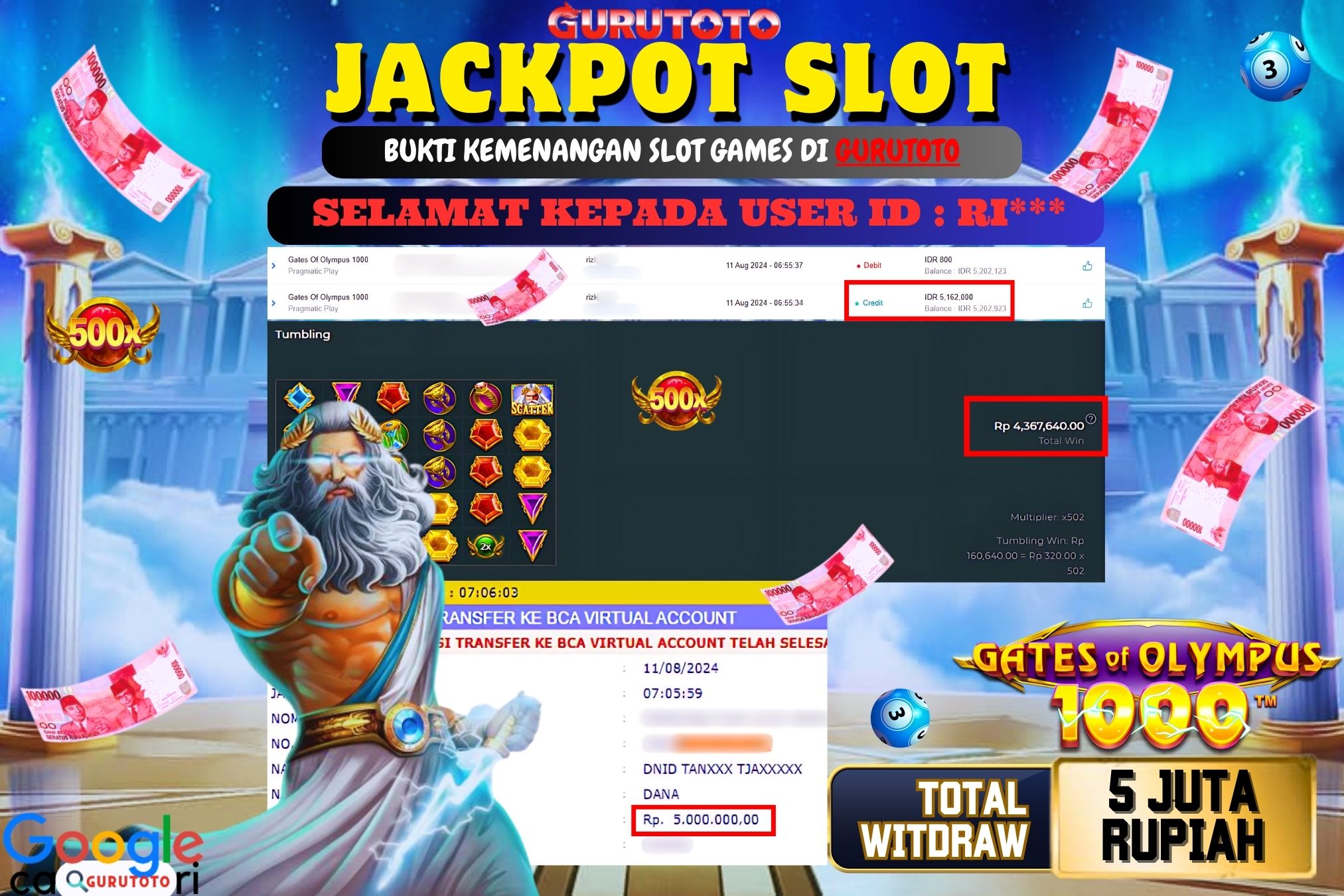 Jackpot Slot Gates of Olympus 1000 di Gurutoto sebesar Rp.5.000.000 dibayar lunas.