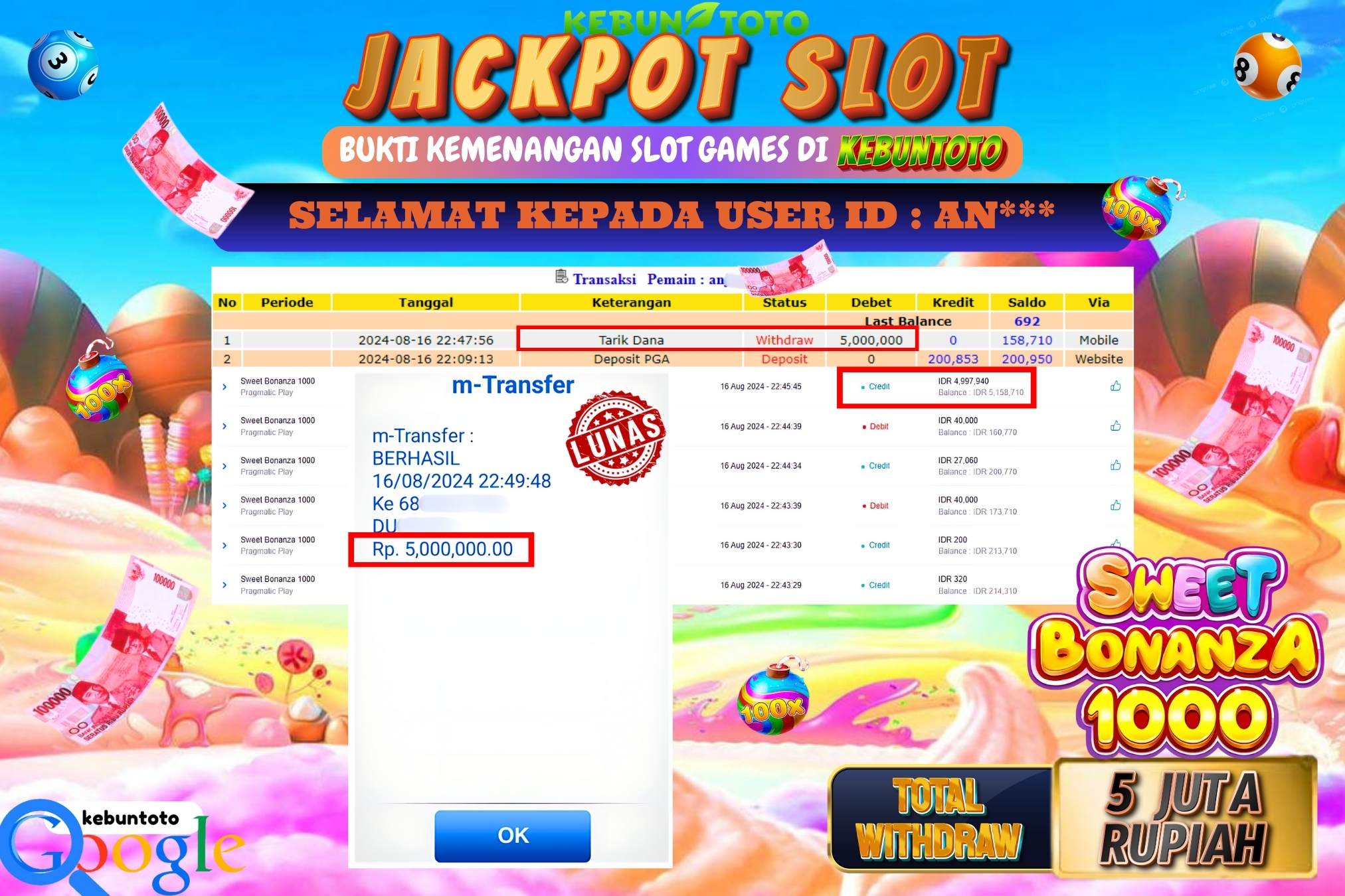KEBUNTOTO JACKPOT SLOT SWEET BONANZA 1000 Rp.5.000.000,- LUNAS