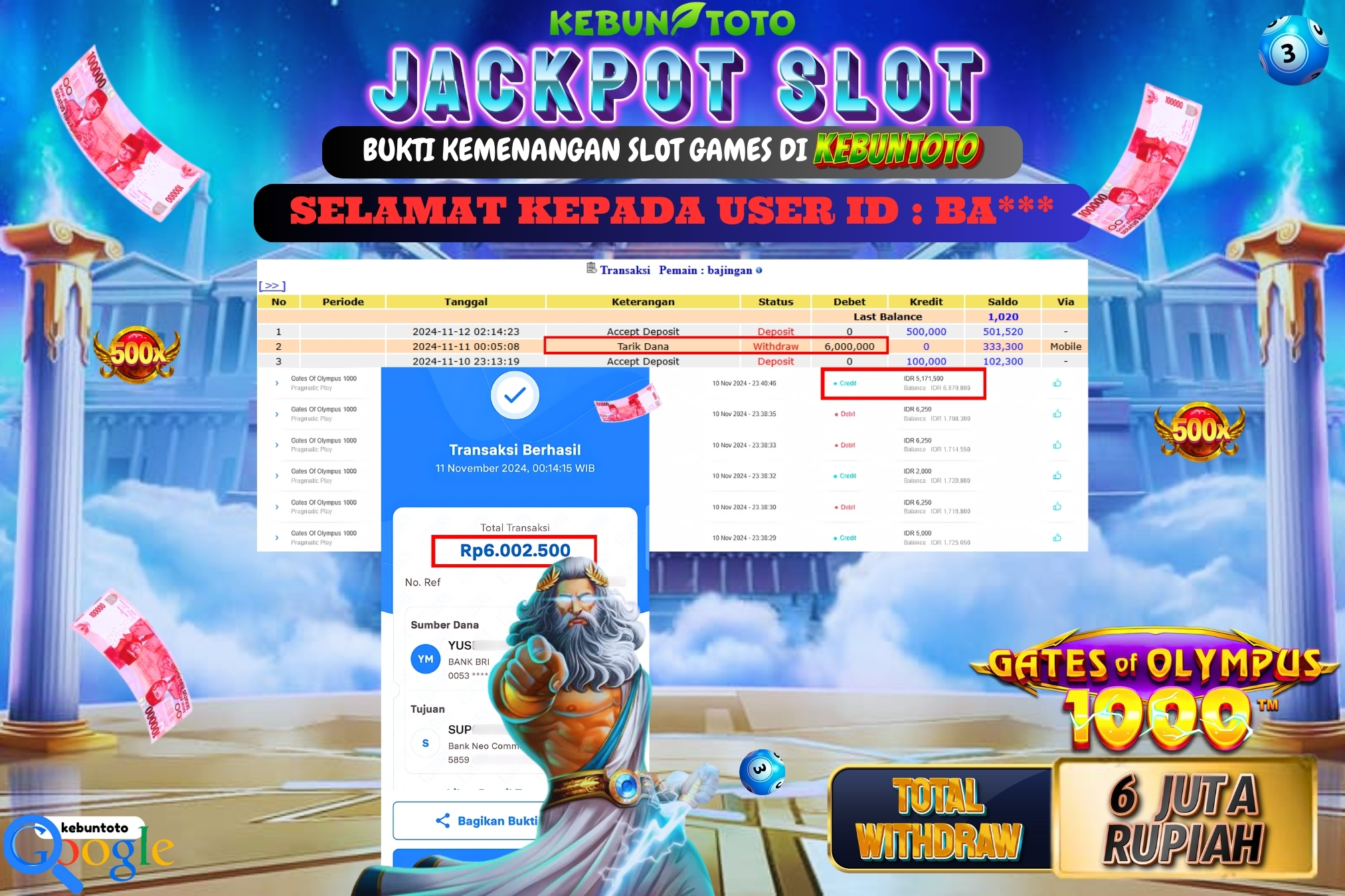 KEBUNTOTO JACKPOT SLOT GATES OF OLYMPUS 1000 Rp.6.000.000,- LUNAS