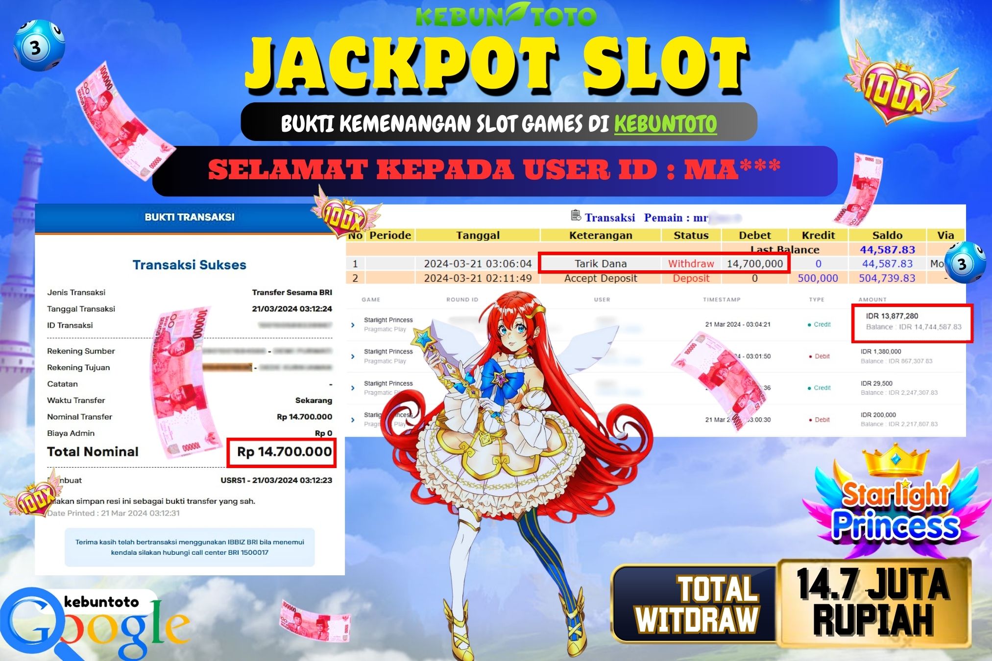 KEBUNTOTO JACKPOT SLOT  STARLIGHT PRINCESS Rp.14.700.000,- LUNAS