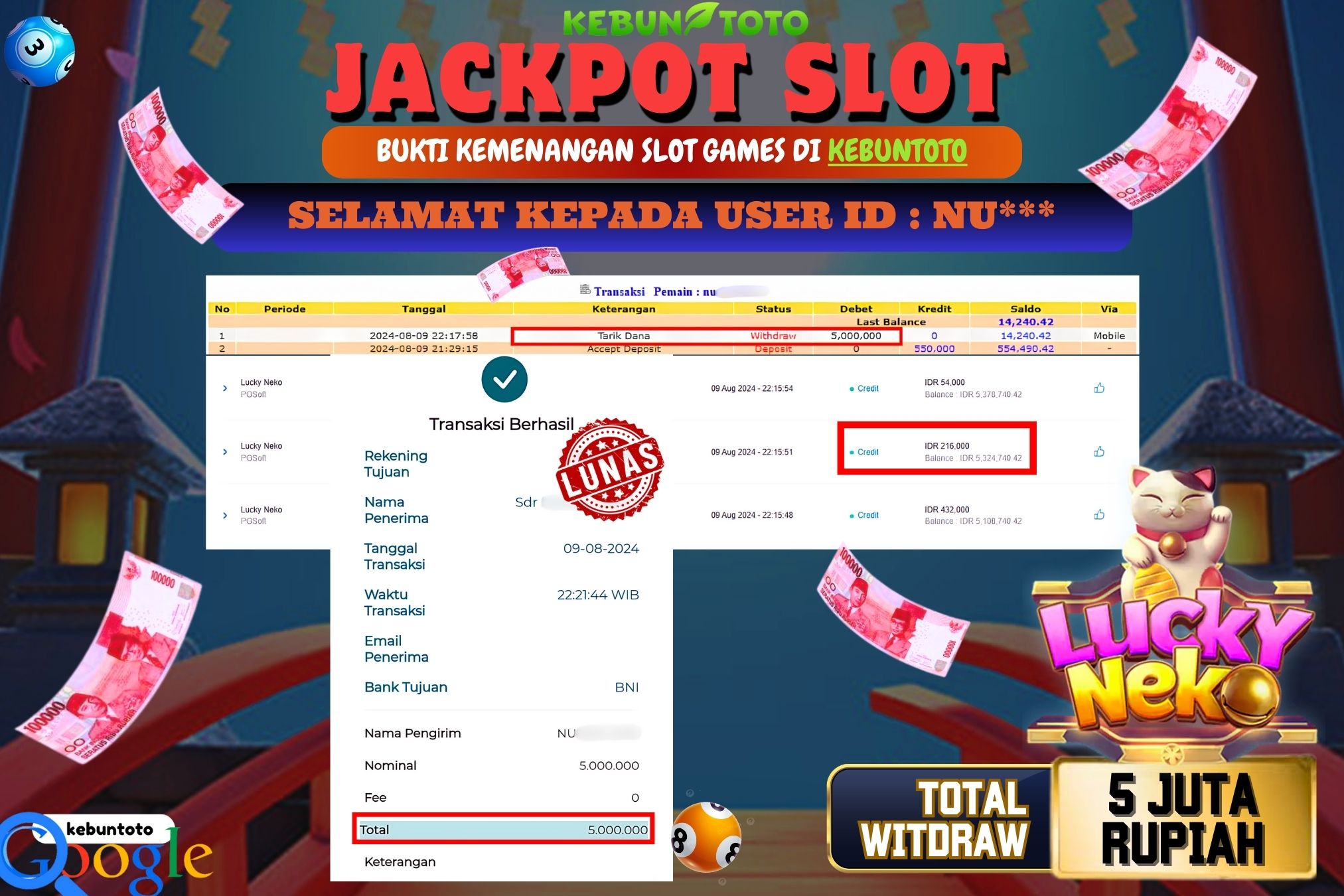 KEBUNTOTO JACKPOT SLOT LUCKY NEKO Rp.5.000.000,- LUNAS