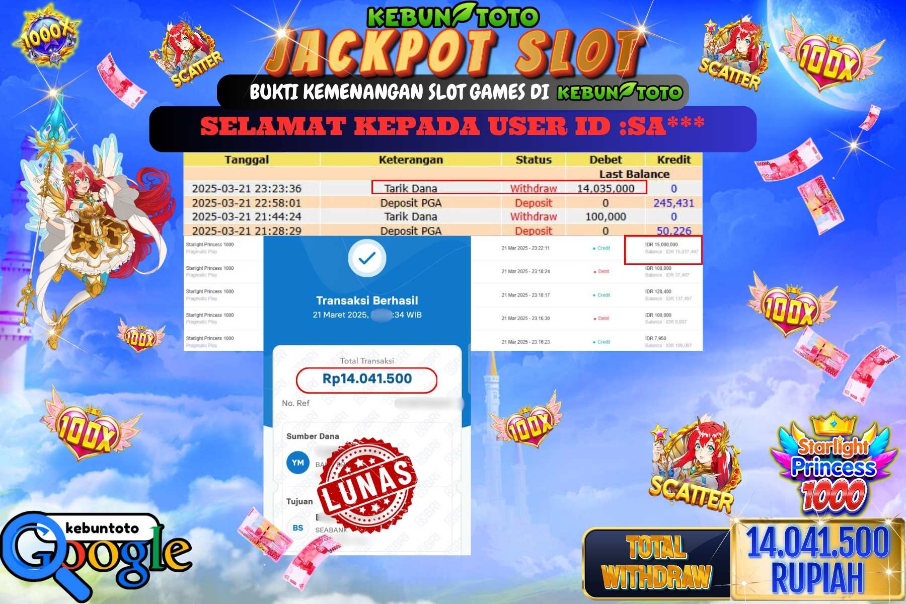 KEBUNTOTO JACKPOT, SLOT STARLIGHT PRINCESS 1000 Sebesar Rp 14.041.500,- LUNAS