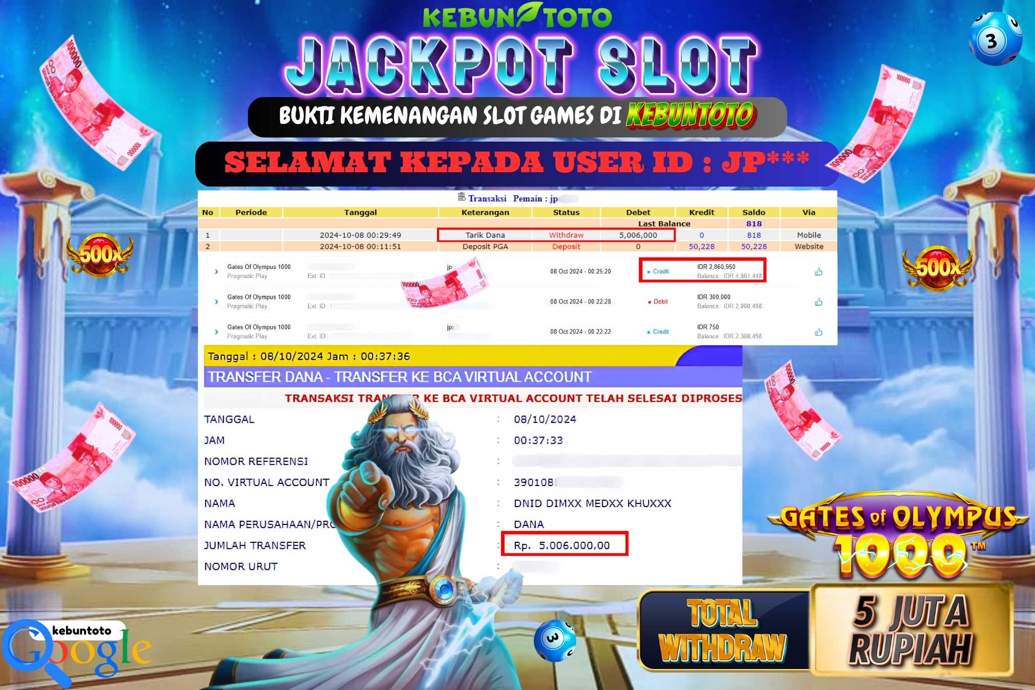 KEBUNTOTO JACKPOT SLOT GATES OF OLYMPUS 1000 Rp.5.006.000,- LUNAS