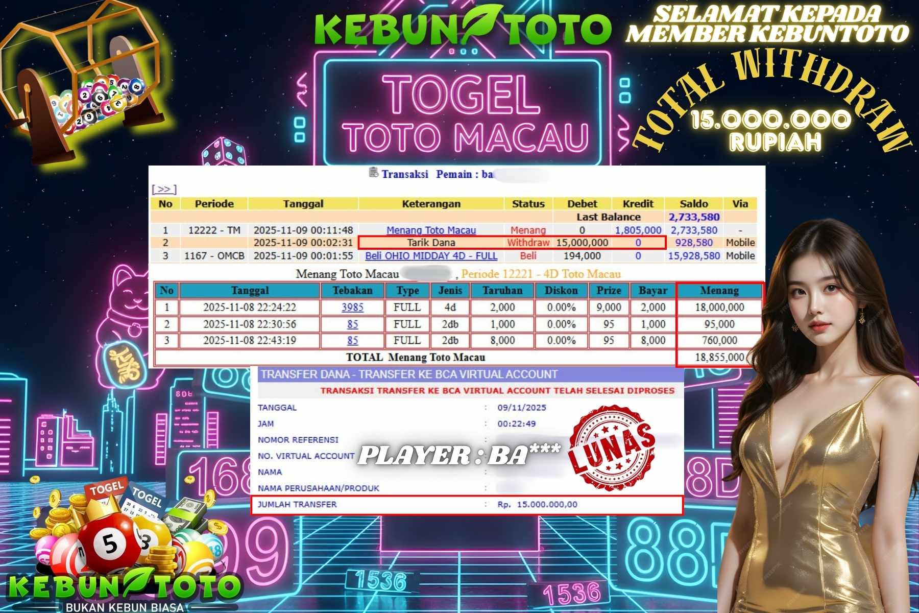Bukti Kemenangan Rp 15.000.000 TOGEL TOTO MACAU di KEBUNTOTO!