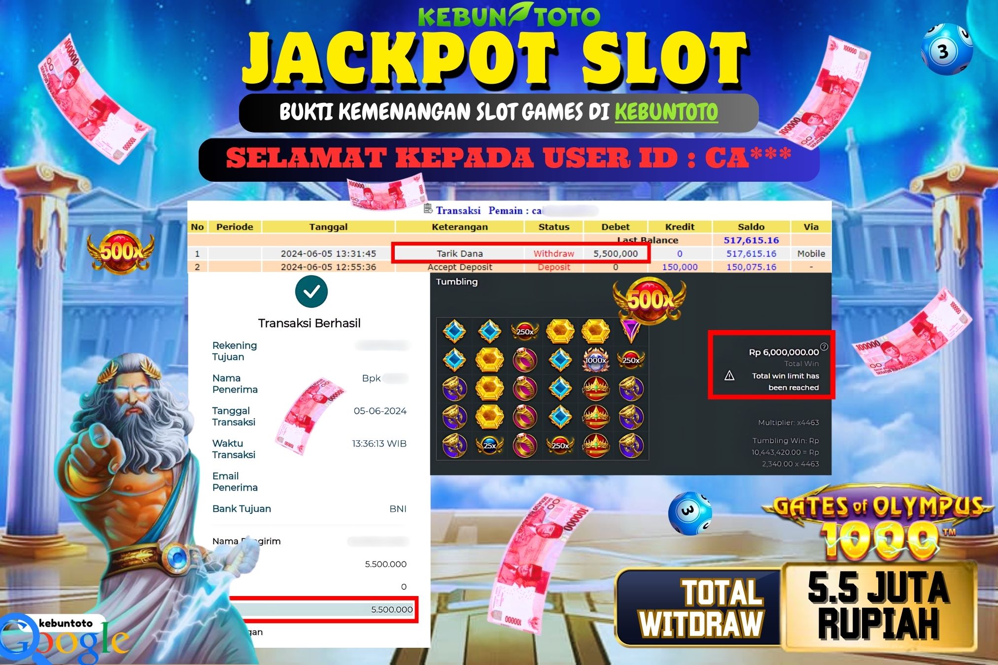 KEBUNTOTO JACKPOT SLOT GATES OF OLYMPUS 1000 Rp.5.500.000,- LUNAS