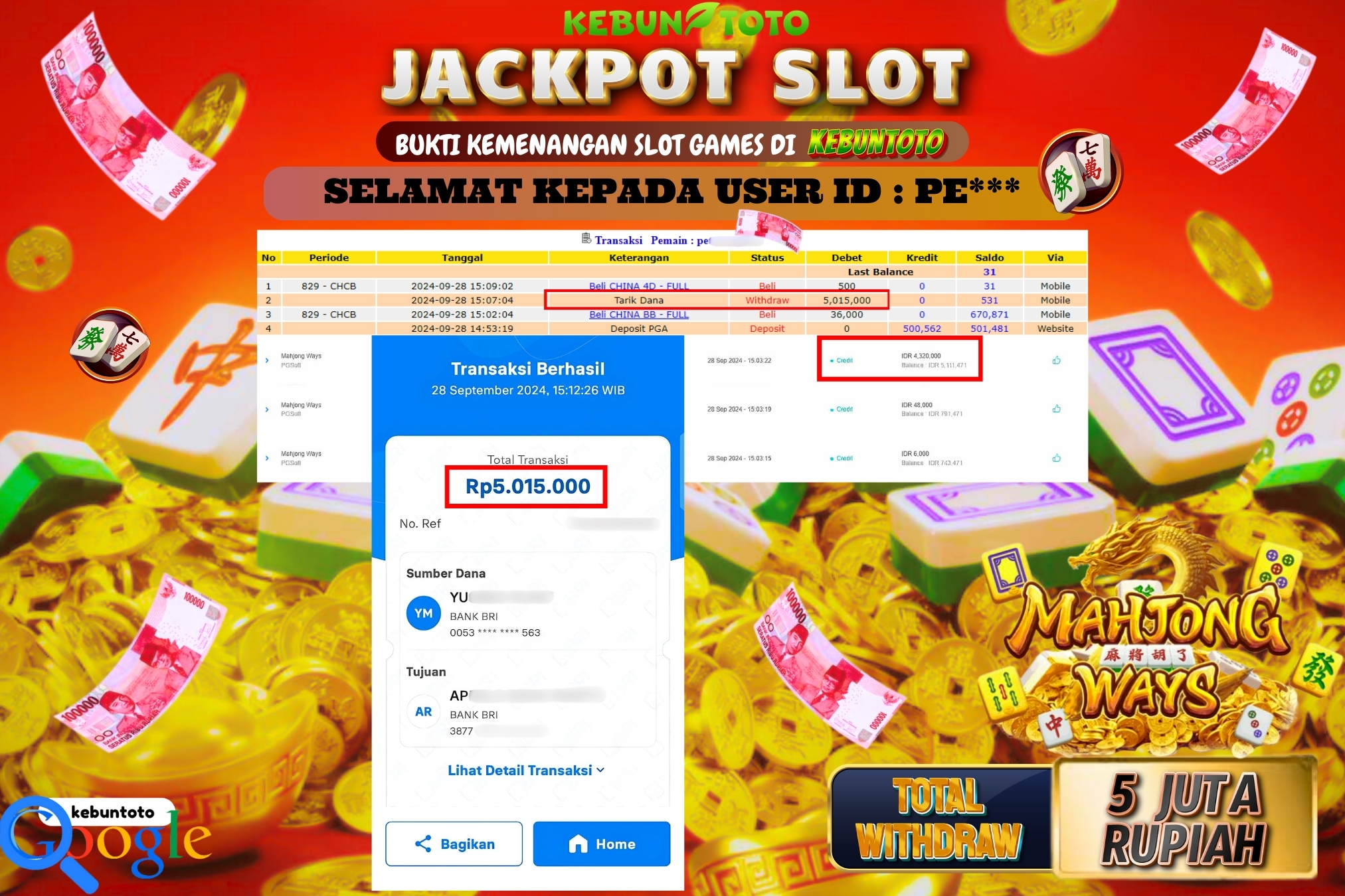 KEBUNTOTO JACKPOT SLOT MAHJONG WAYS Rp.5.015.000,- LUNAS