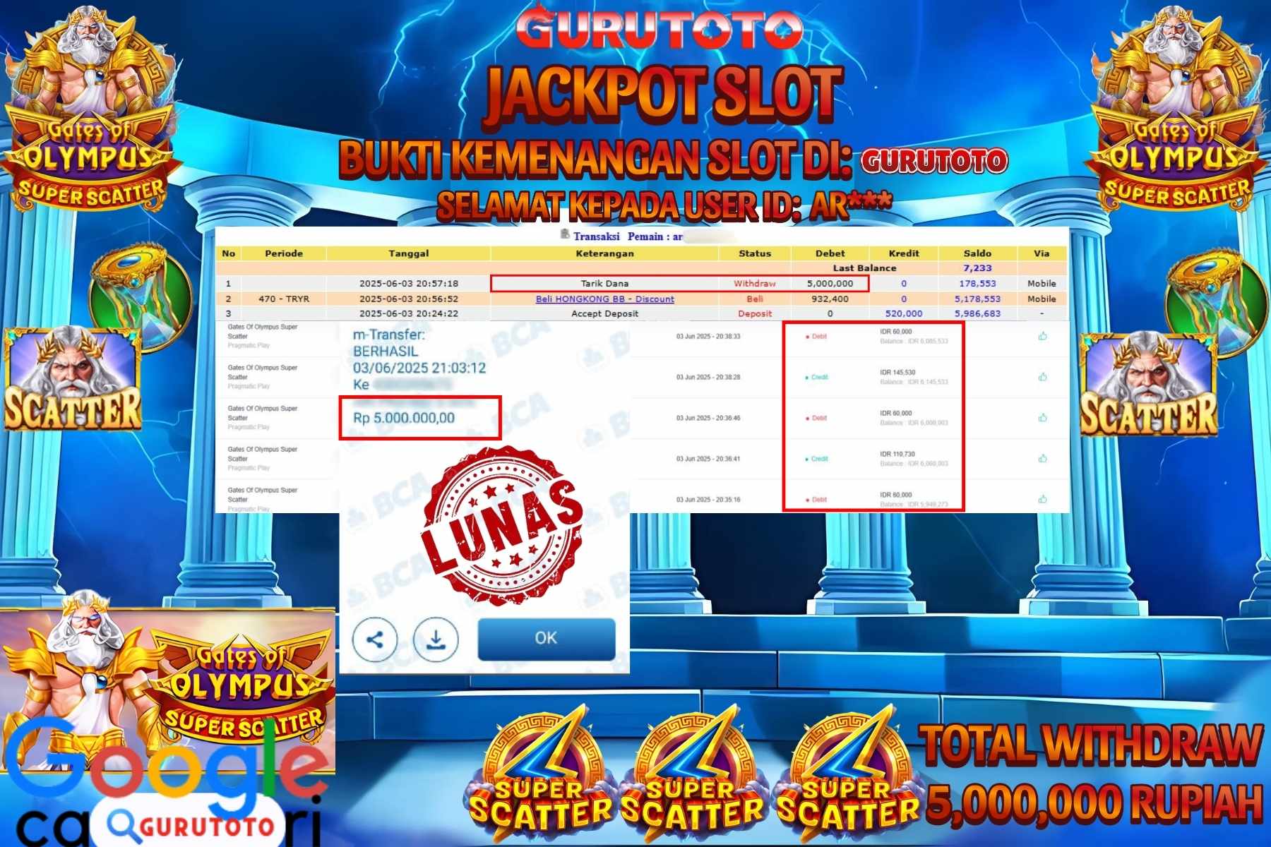 GURUTOTO JACKPOT, SLOT GATES OF OLYMPUS SUPER SCATTER , Sebesar Rp 5.000.000,- LUNAS