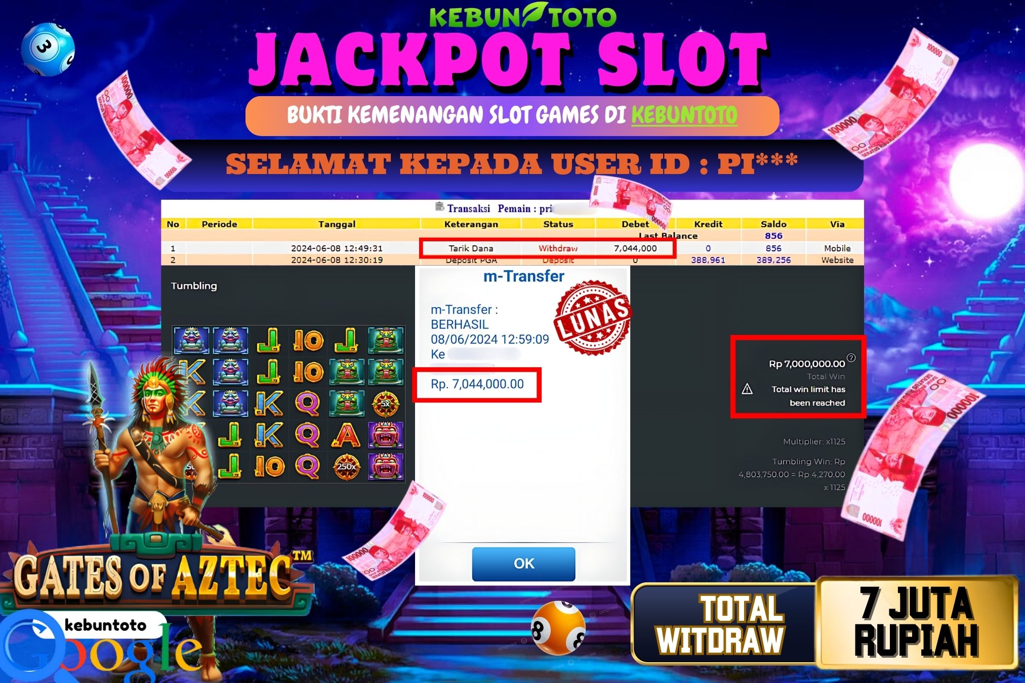 KEBUNTOTO JACKPOT SLOT GATEZ OF AZTEC Rp.7.044.000,- LUNAS