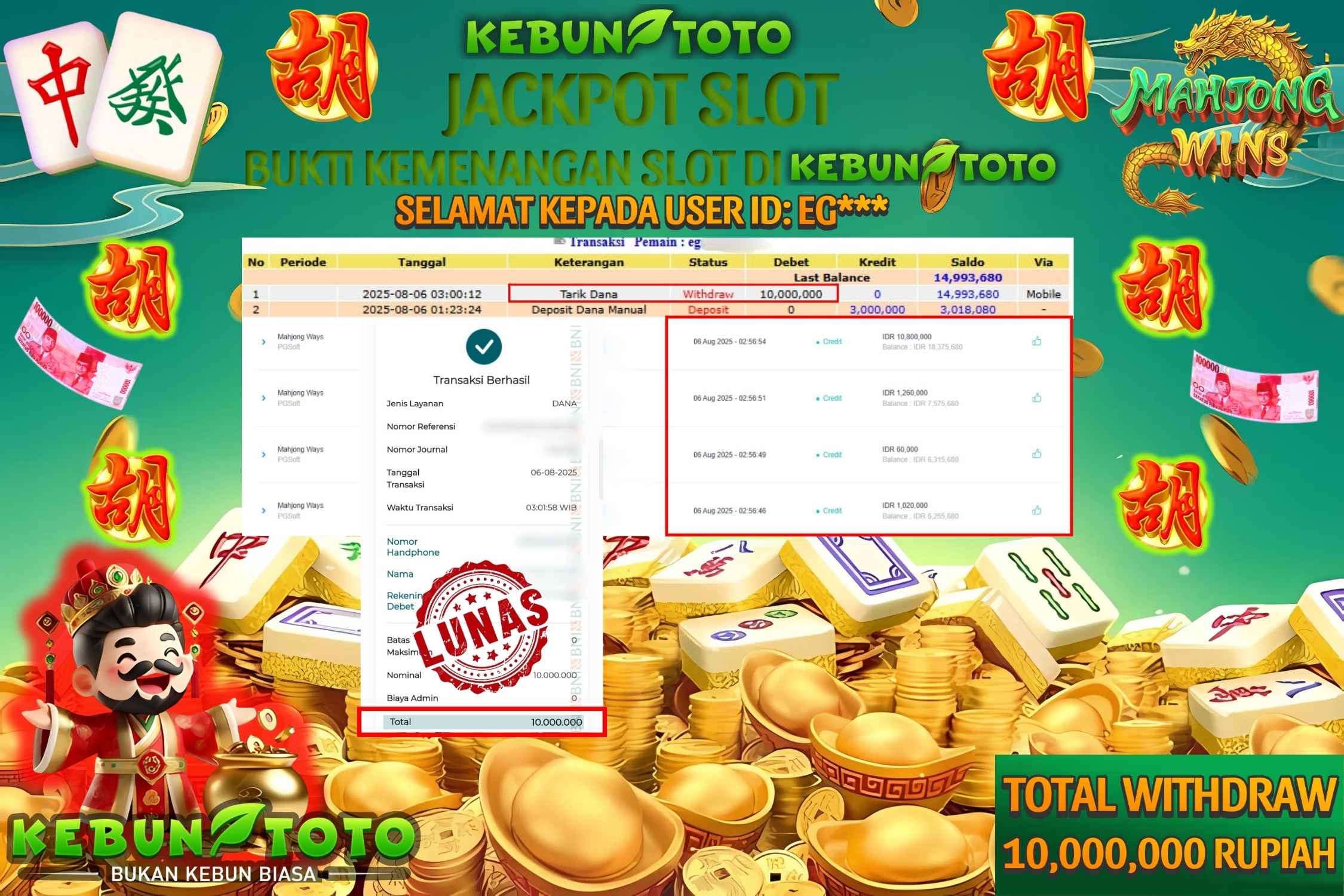 Bukti Kemenangan Rp 10.000.000 SLOT MAHJONG WAYS di KEBUNTOTO!