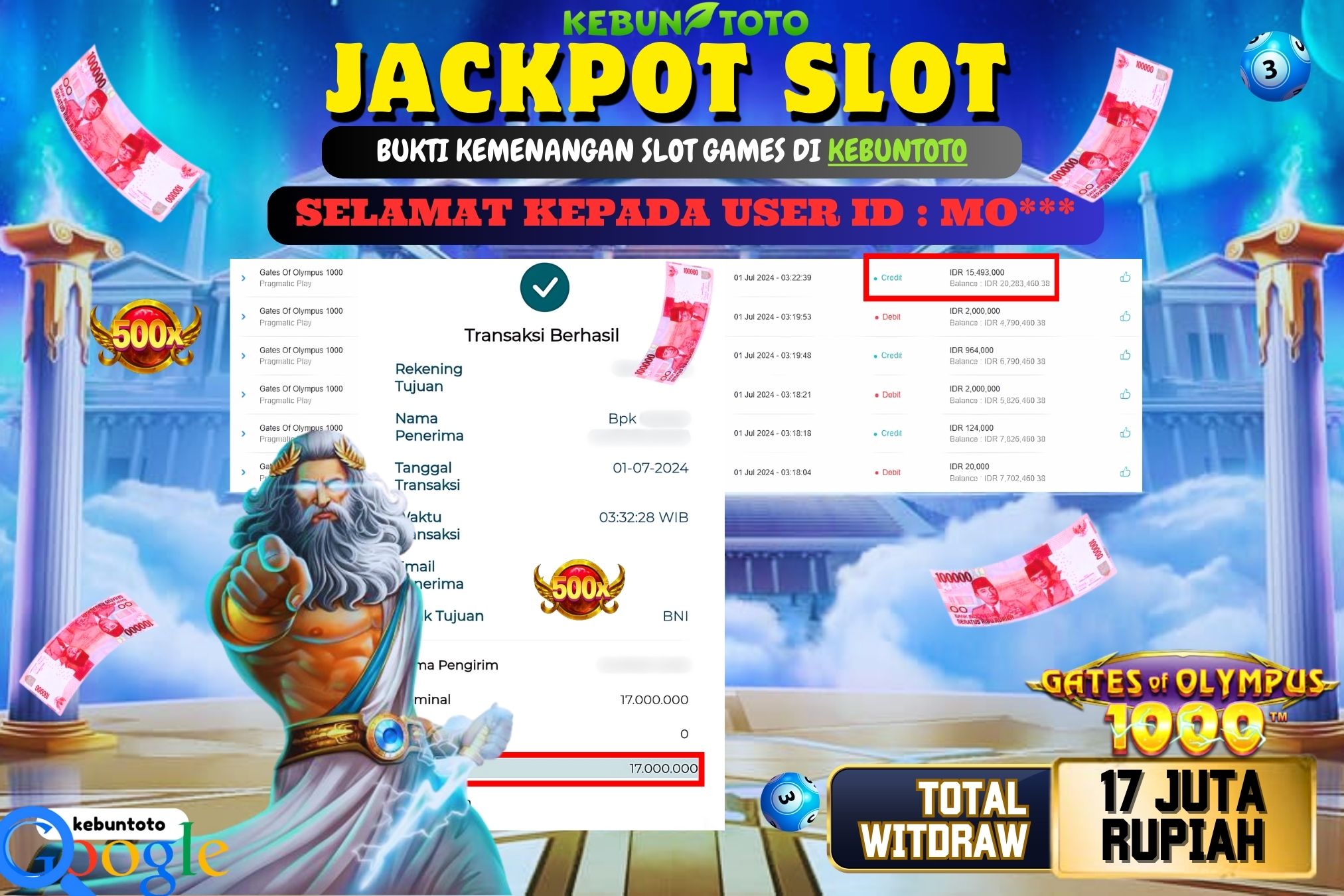 KEBUNTOTO JACKPOT SLOT GATES OF OLYMPUS 1000 Rp.17.000.000,- LUNAS