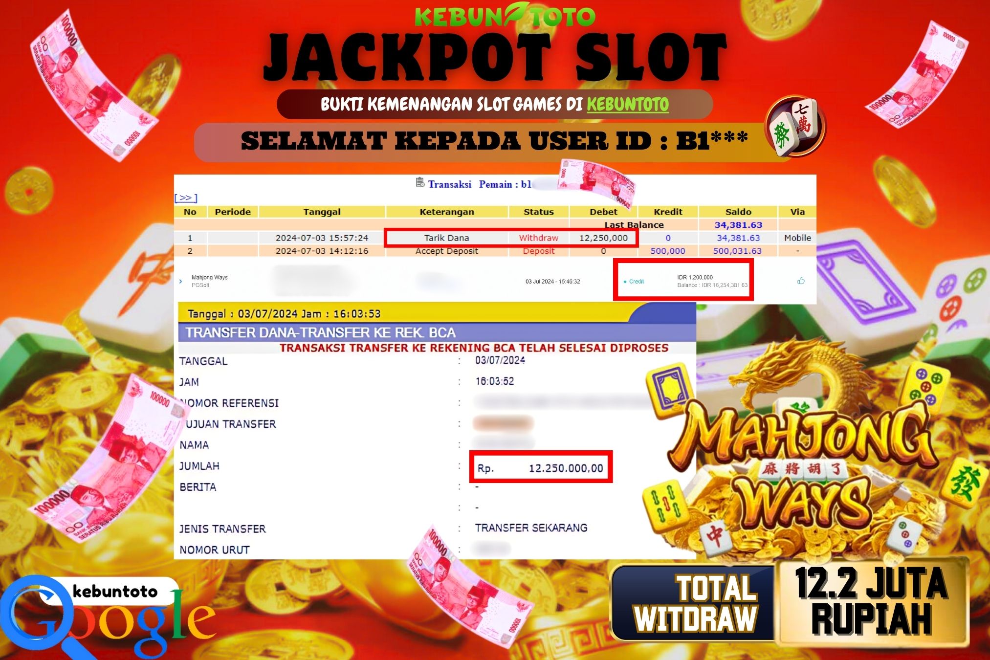 KEBUNTOTO JACKPOT SLOT MAHJONG WAYS Rp.12.250.000,- LUNAS