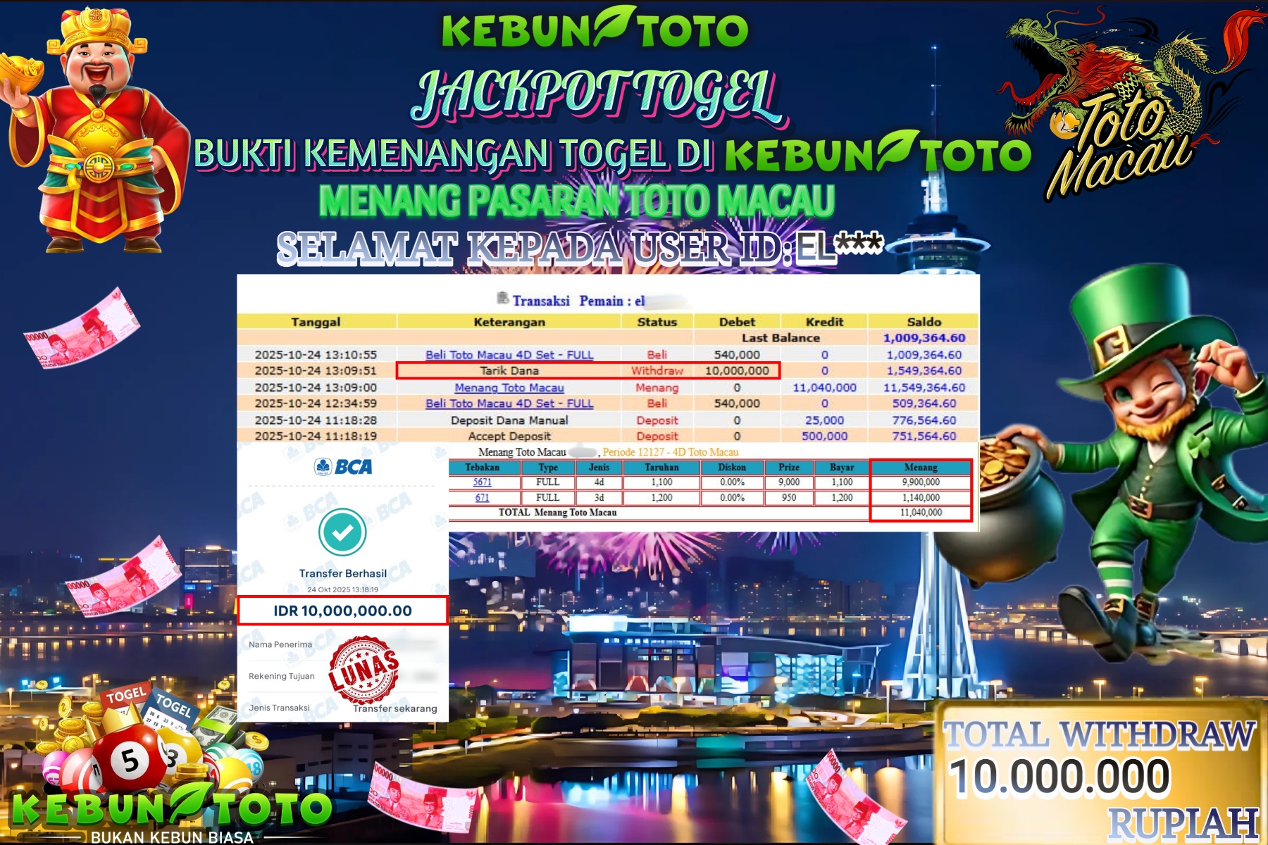 Bukti Kemenangan Rp 10.000.000 TOGEL TOTO MACAU di KEBUNTOTO !