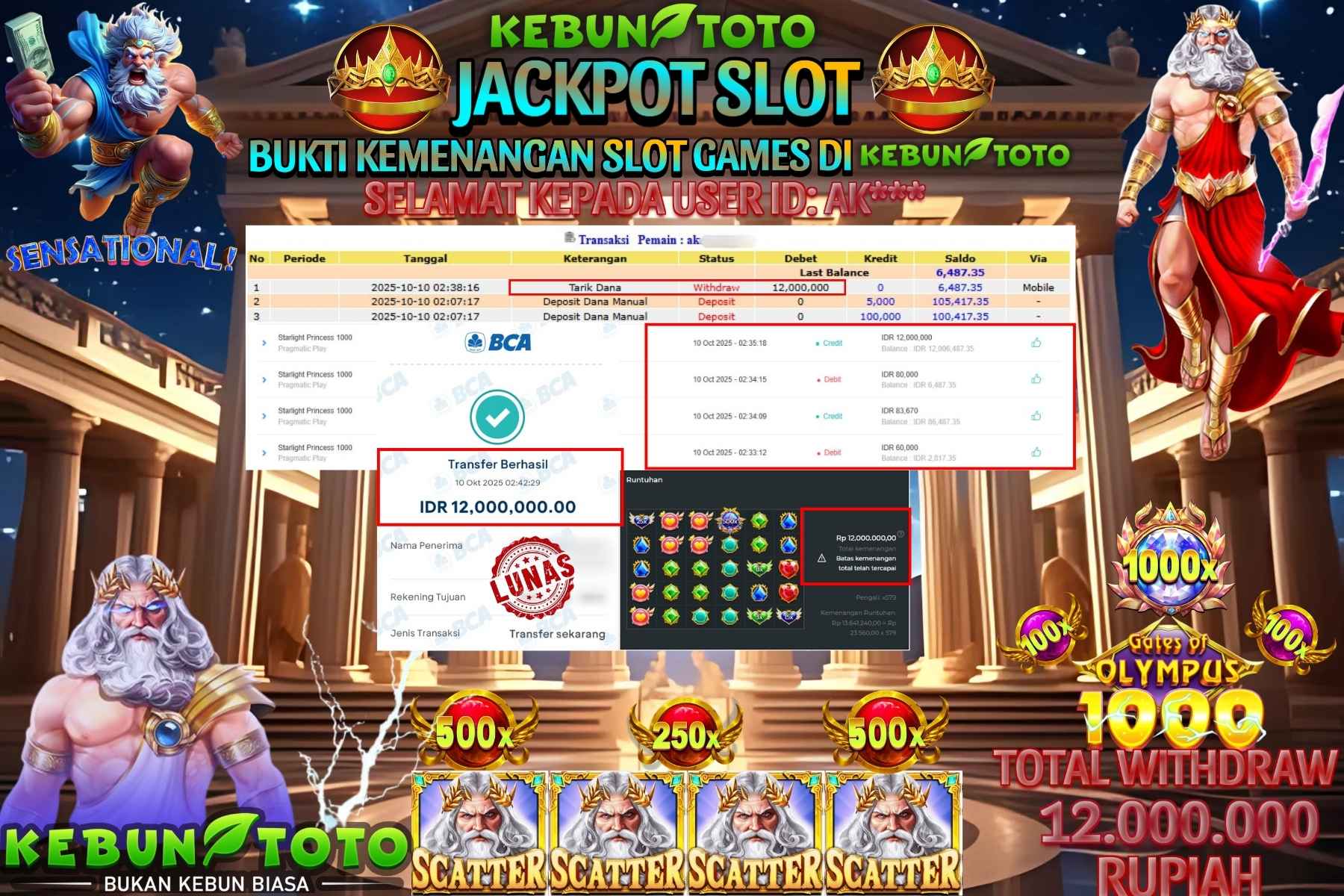 Bukti Kemenangan Rp 12.000.000 SLOT GATES OF OLYMPUS 1000 di KEBUNTOTO!