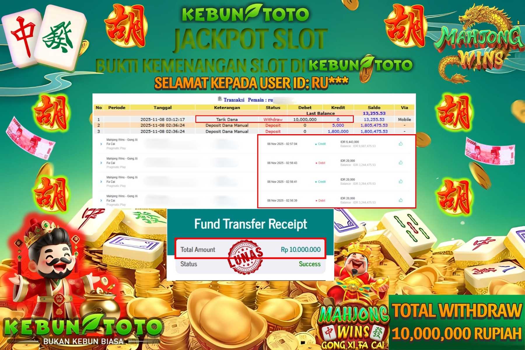 Bukti Kemenangan Rp 10.000.000 SLOT MAHJONG WINS GONG XI FA CAI di KEBUNTOTO!