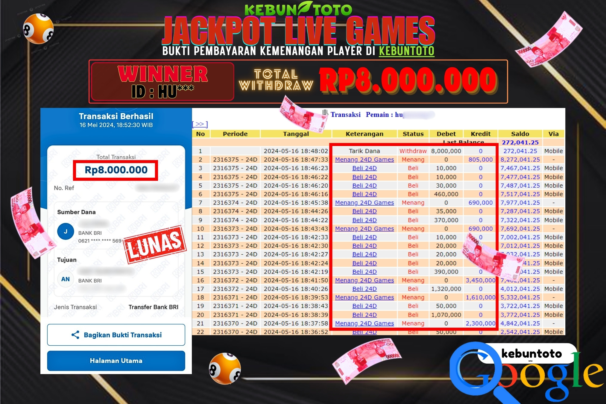 KEBUNTOTO JACKPOT LIVE GAMES 24D Rp.8.000.000,- LUNAS