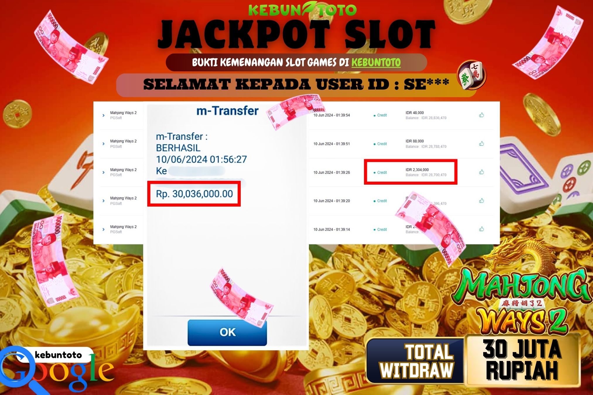 KEBUNTOTO JACKPOT SLOT MAHJONG WAYS 2 Rp.30.036.000,- LUNAS