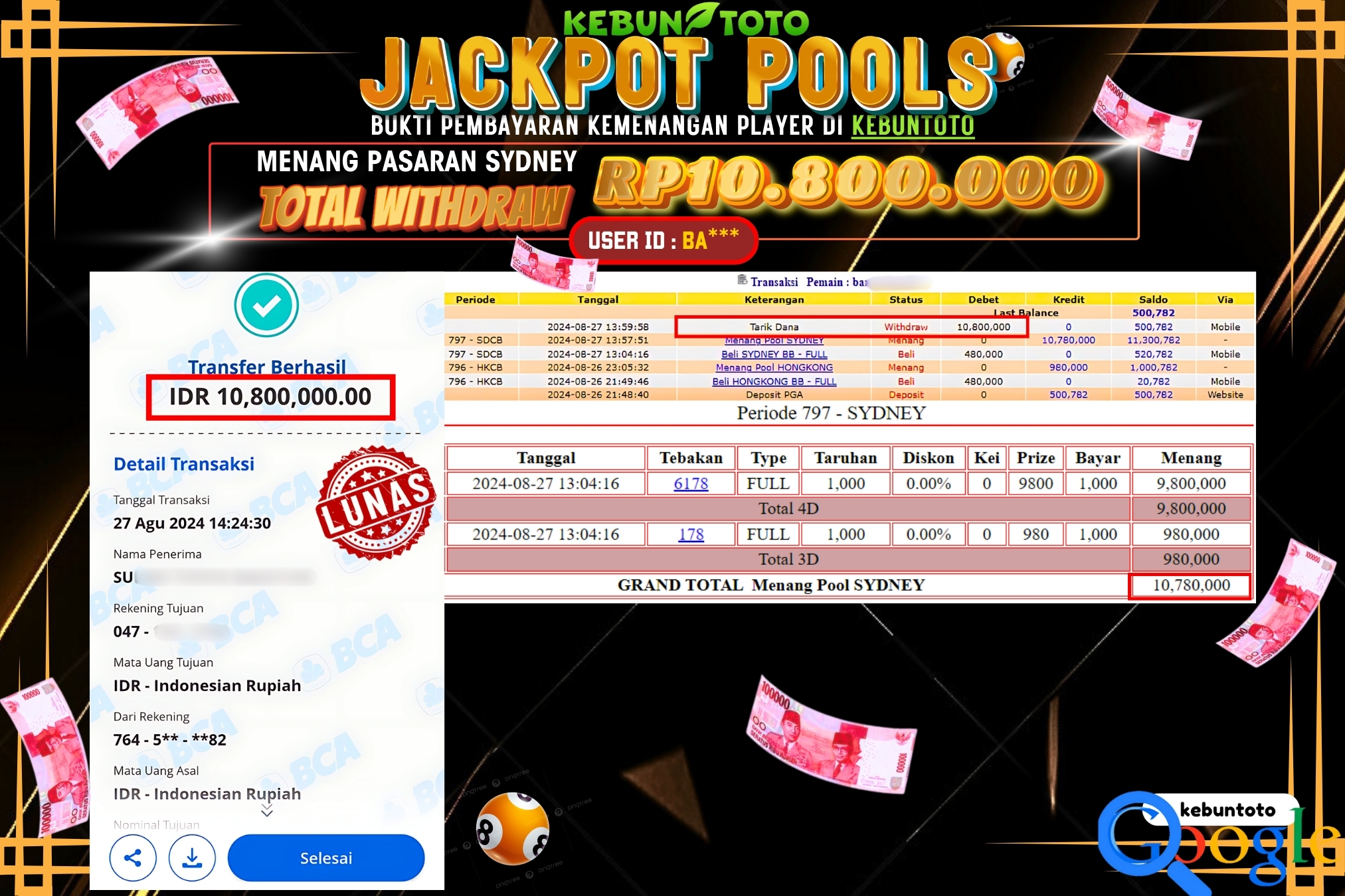 KEBUNTOTO JACKPOT TOGEL PASARAN SYDNEY Rp.10.800.000,- LUNAS