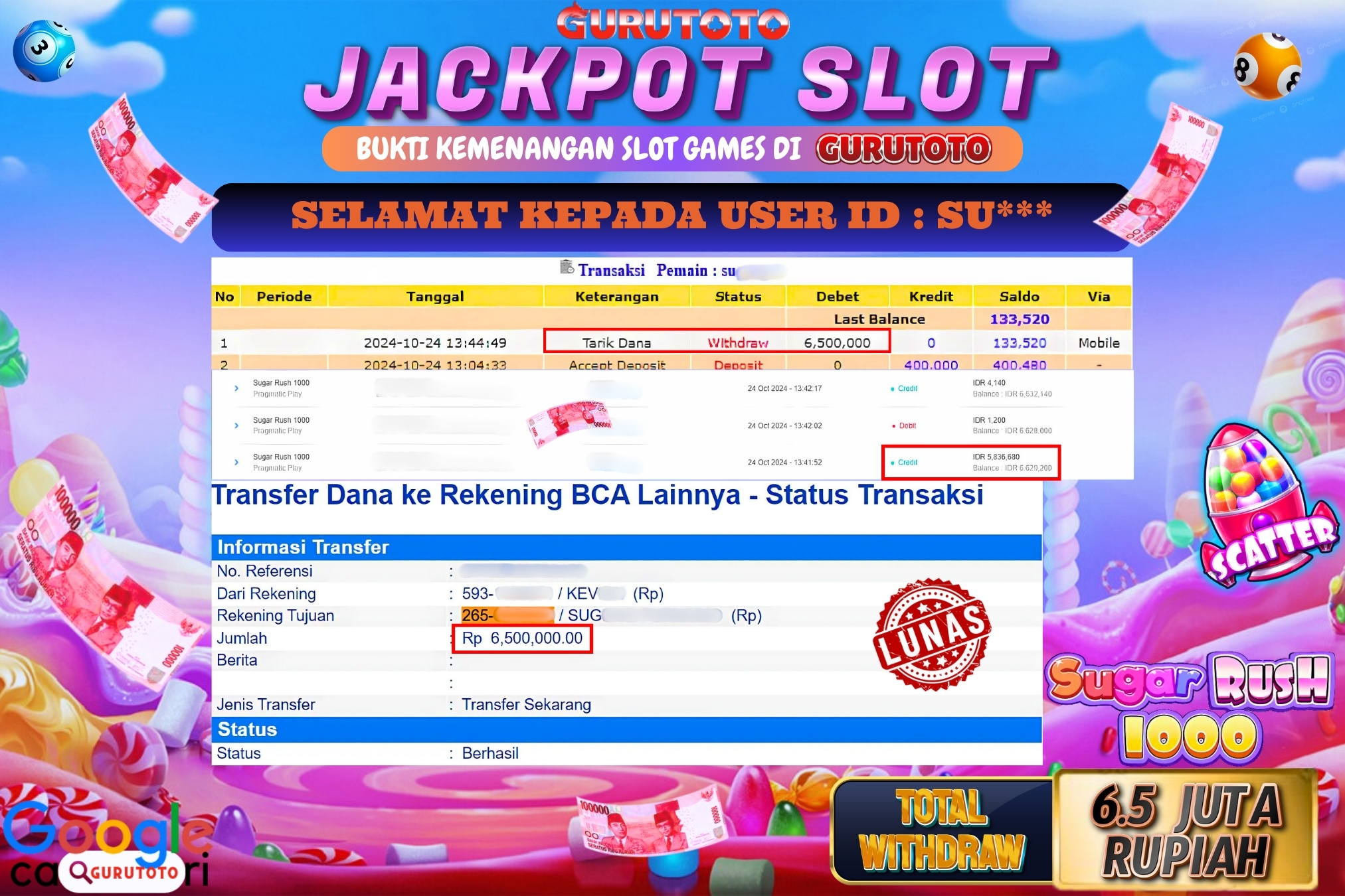 Jackpot Slot Sugar Rush 1000 di Gurutoto sebesar Rp.6.500.000 dibayar lunas.