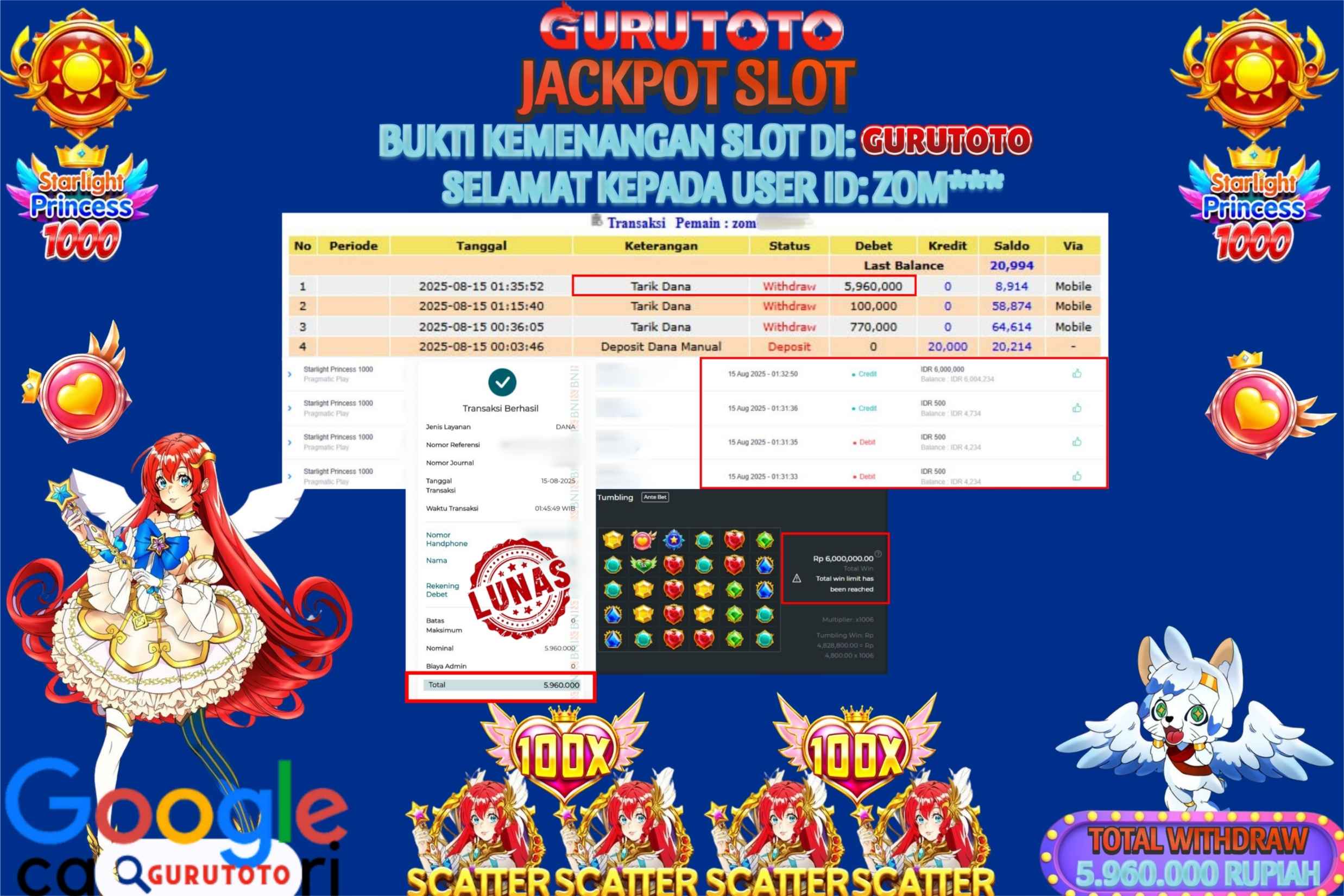 Bukti Kemenangan Rp 5.960.000 SLOT STARLIGHT PRINCESS 1000 di GURUTOTO!