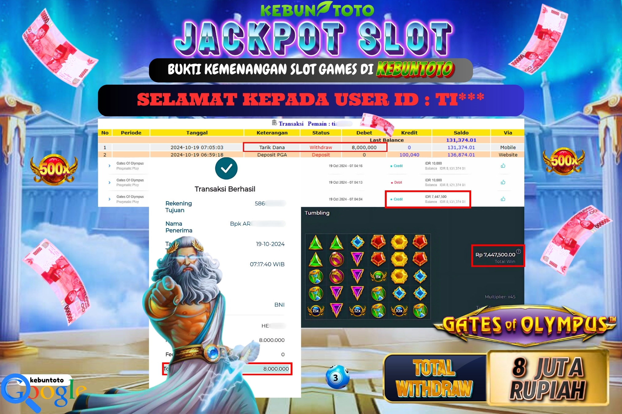 KEBUNTOTO JACKPOT SLOT GATES OF OLYMPUS Rp.8.000.000,- LUNAS