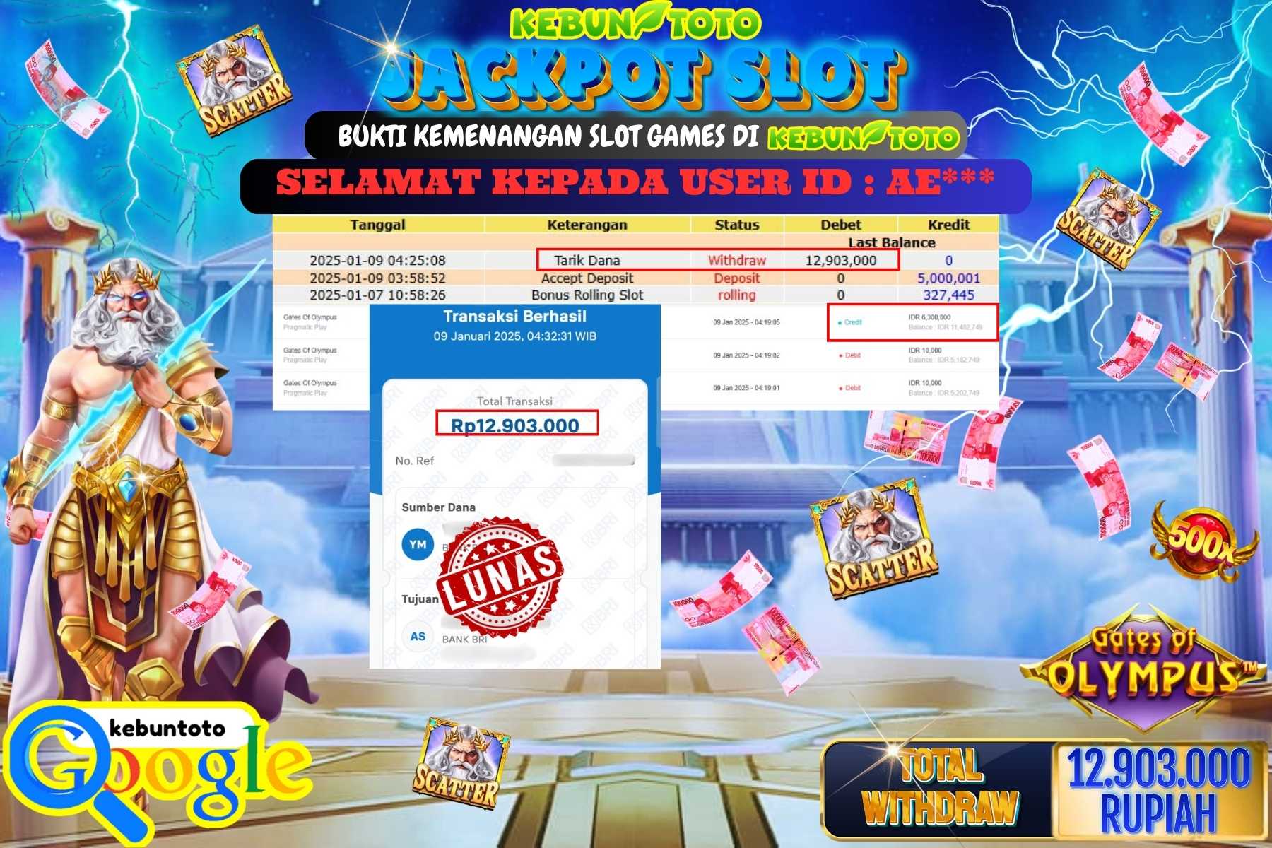 KEBUNTOTO JACKPOT SLOT GATES OF OLYMPUS , Sebesar Rp.12.903.000,- LUNAS