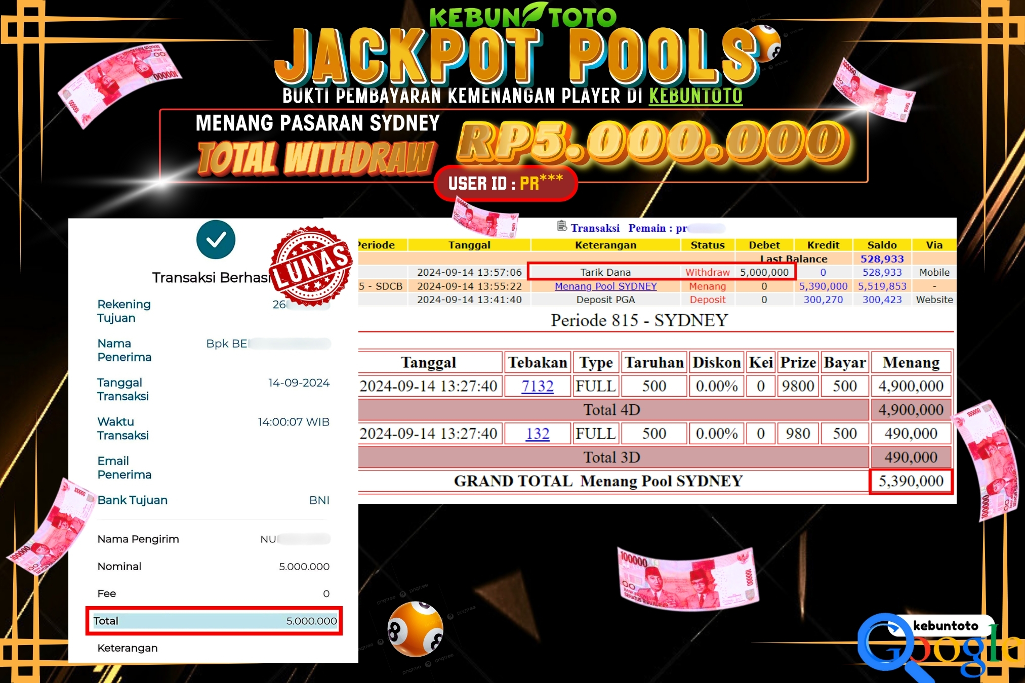 KEBUNTOTO JACKPOT TOGEL PASARAN SYDNEY Rp.5.000.000,- LUNAS