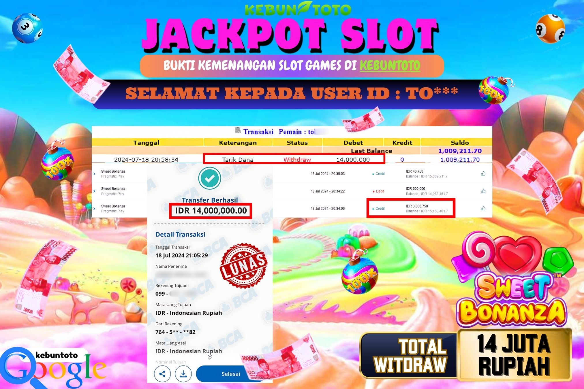 KEBUNTOTO JACKPOT SLOT SWEET BONANZA Rp.14.000.000,- LUNAS