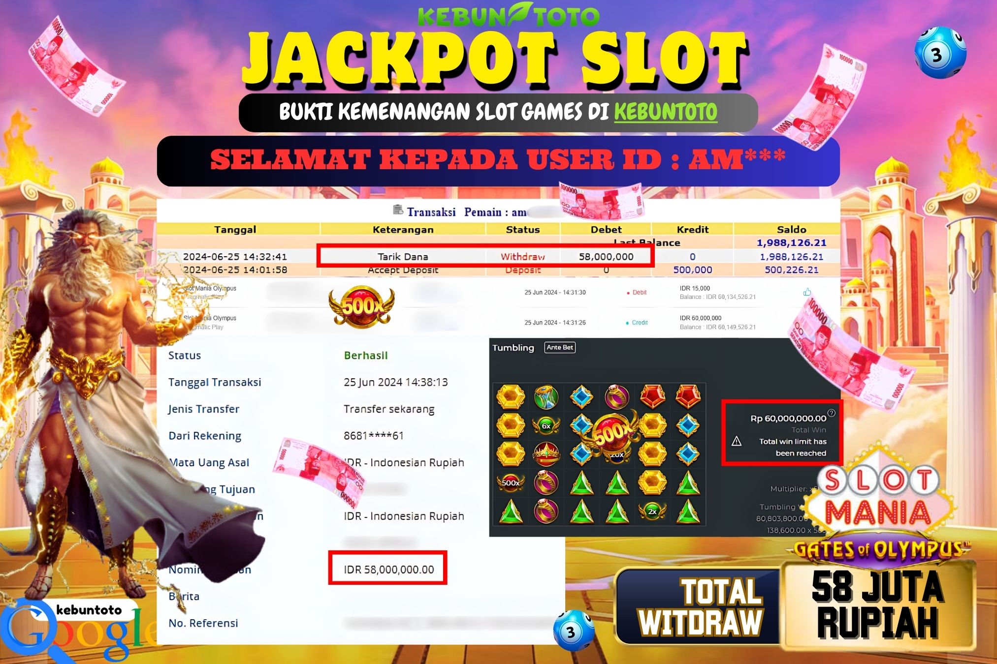 KEBUNTOTO JACKPOT SLOT MANIA OLYMPUS Rp.58.000.000,- LUNAS