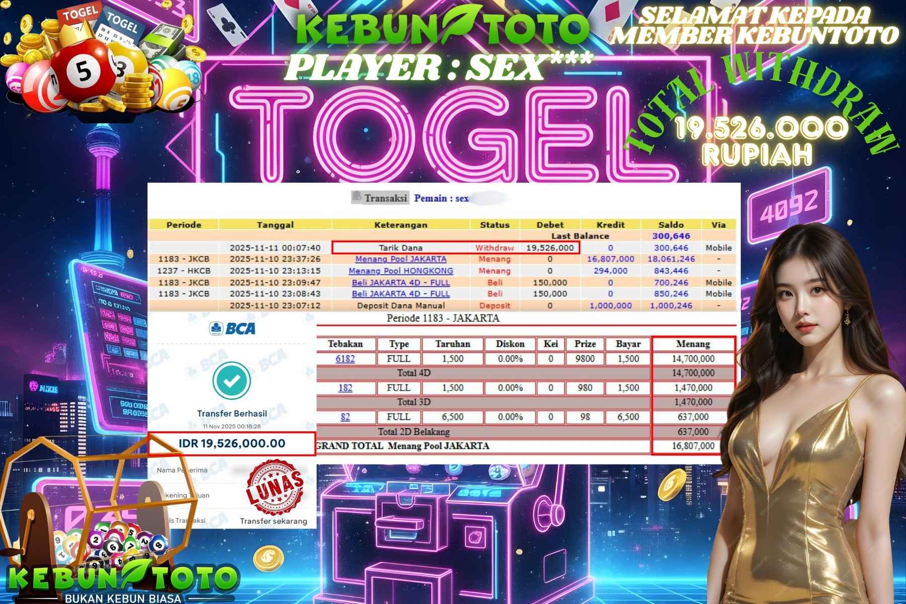 Bukti Kemenangan Rp 19.526.000 TOGEL JAKARTA di KEBUNTOTO!