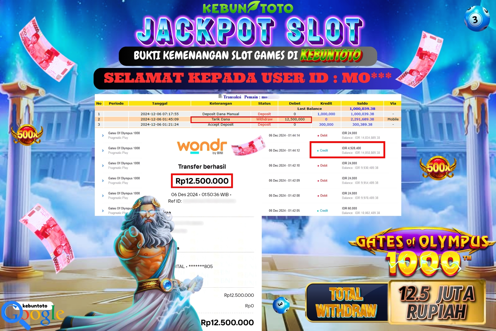 KEBUNTOTO JACKPOT SLOT GATES OF OLYMPUS 1000 Rp.12.500.000,- LUNAS