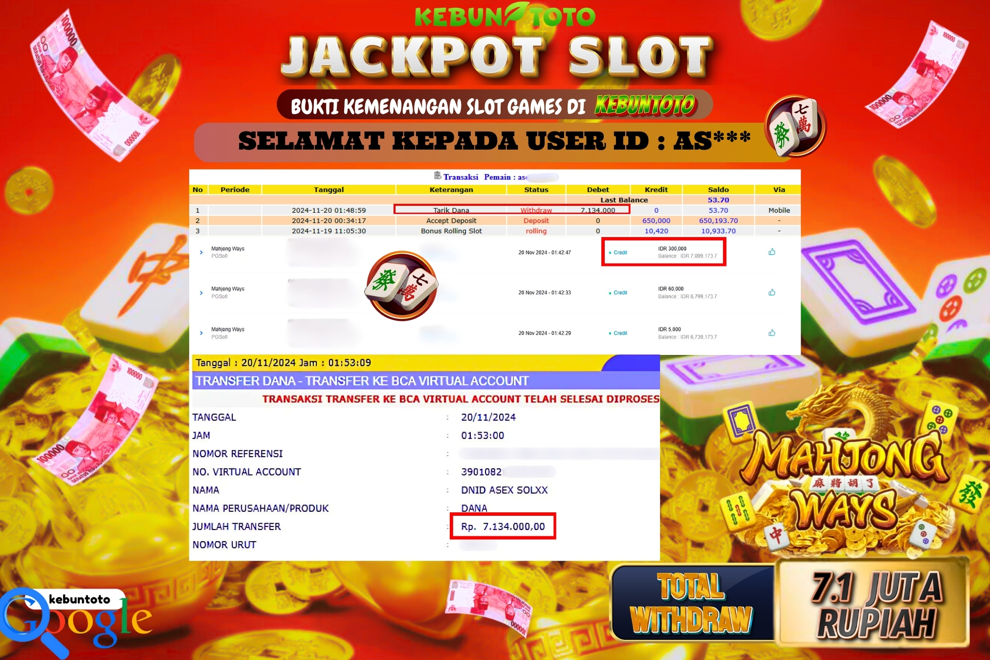 KEBUNTOTO JACKPOT SLOT MAHJONG WAYS Rp.7.134.000,- LUNAS