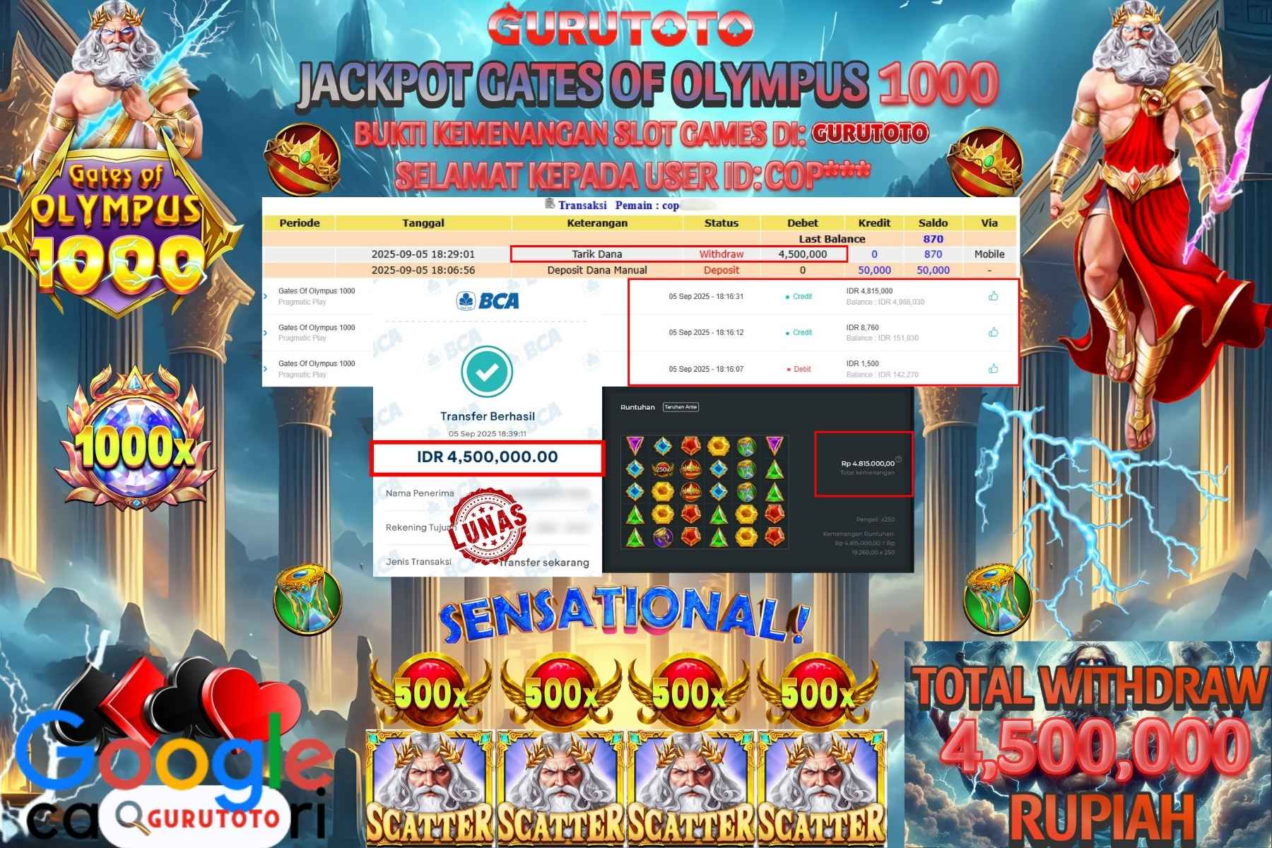 Bukti Kemenangan Rp 4.500.000 SLOT GATES OF OLYMPUS 1000 di GURUTOTO!