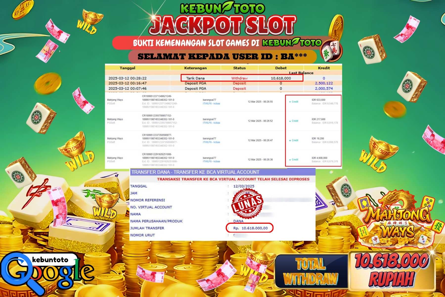KEBUNTOTO JACKPOT, SLOT MAHJONG WAYS Sebesar Rp 10.618.000,- LUNAS