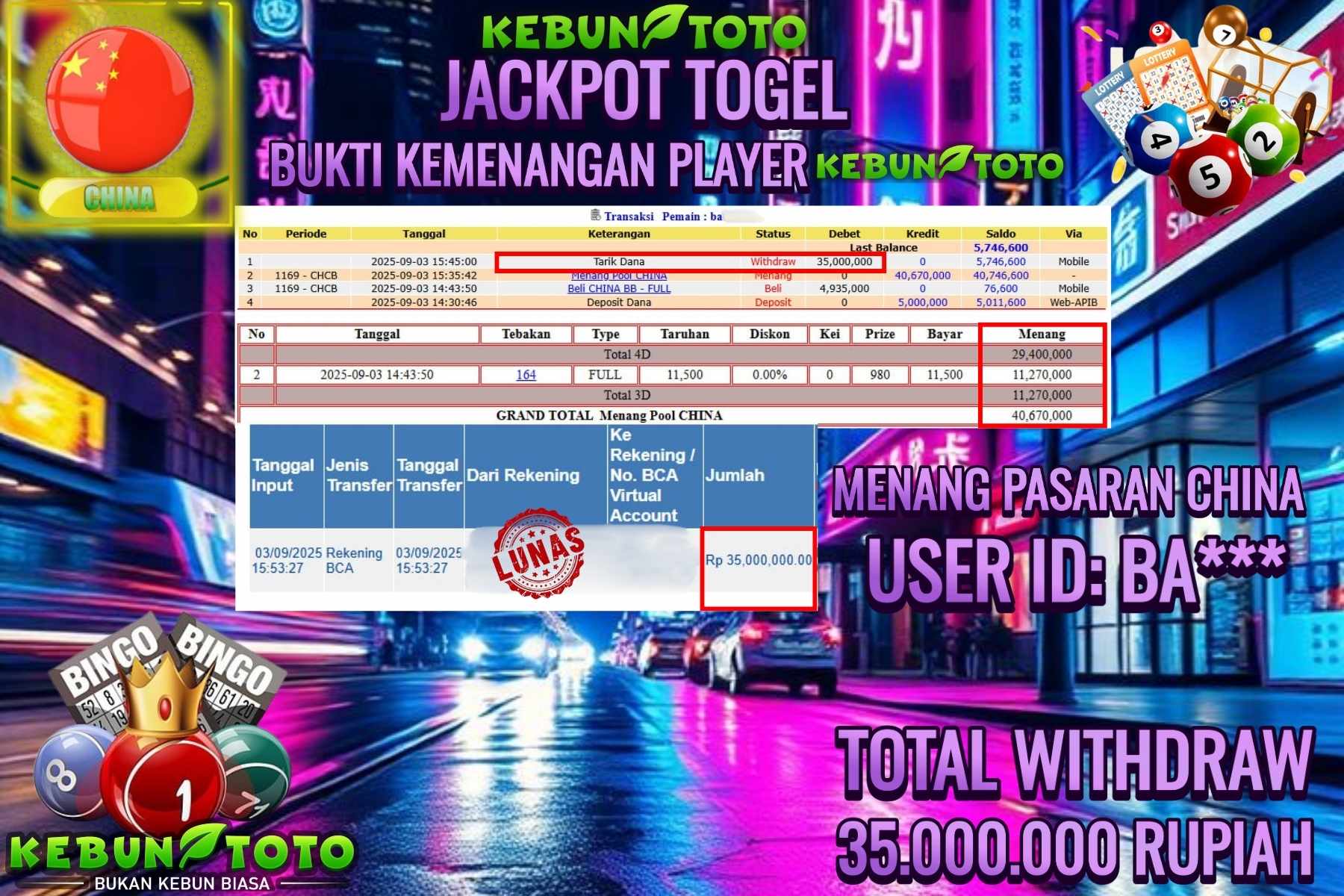 Bukti Kemenangan Rp 35.000.000 TOGEL CHINA di KEBUNTOTO!