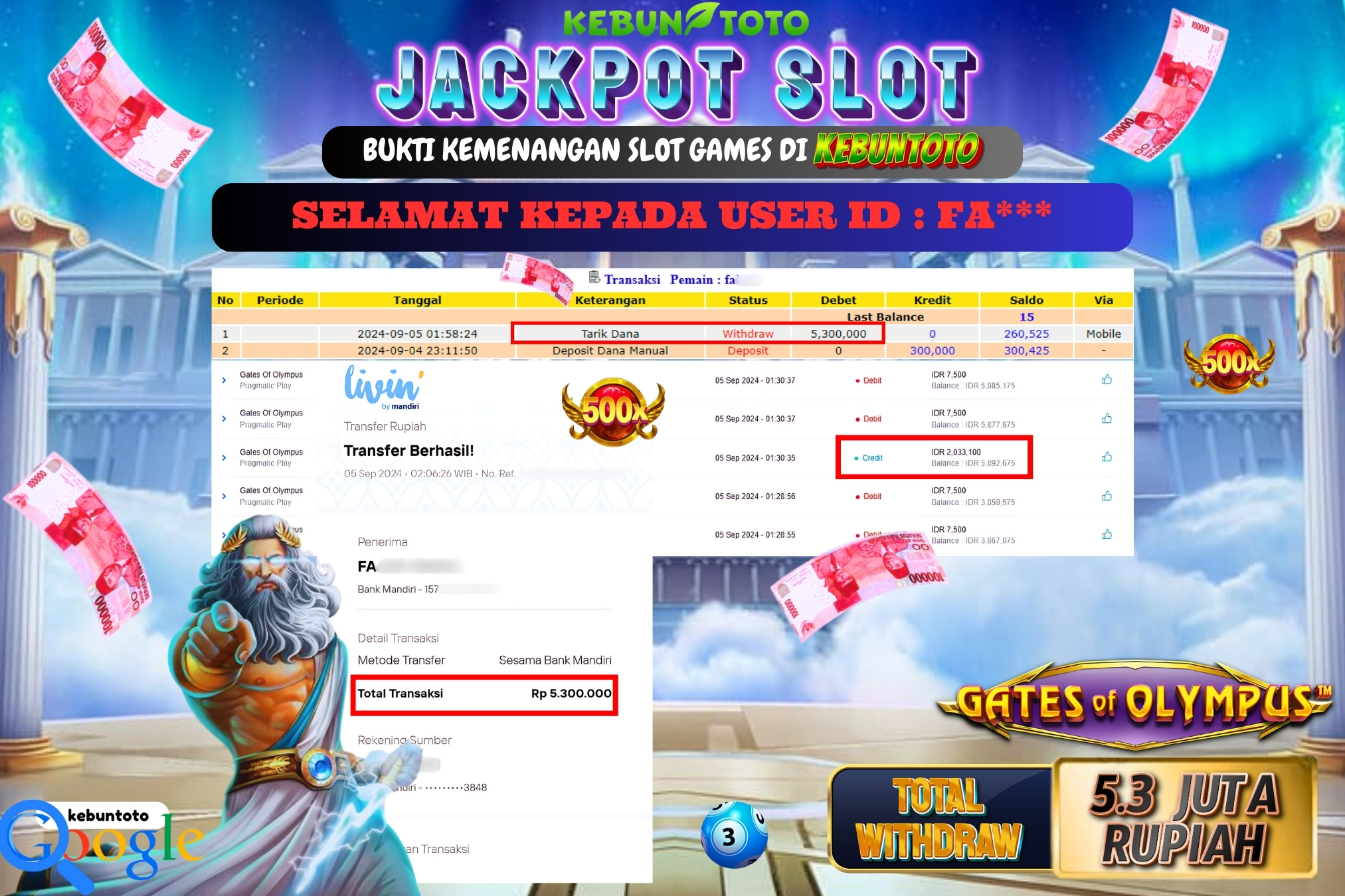 KEBUNTOTO JACKPOT SLOT GATES OF OLYMPUS 1000 Rp.5.300.000,- LUNAS