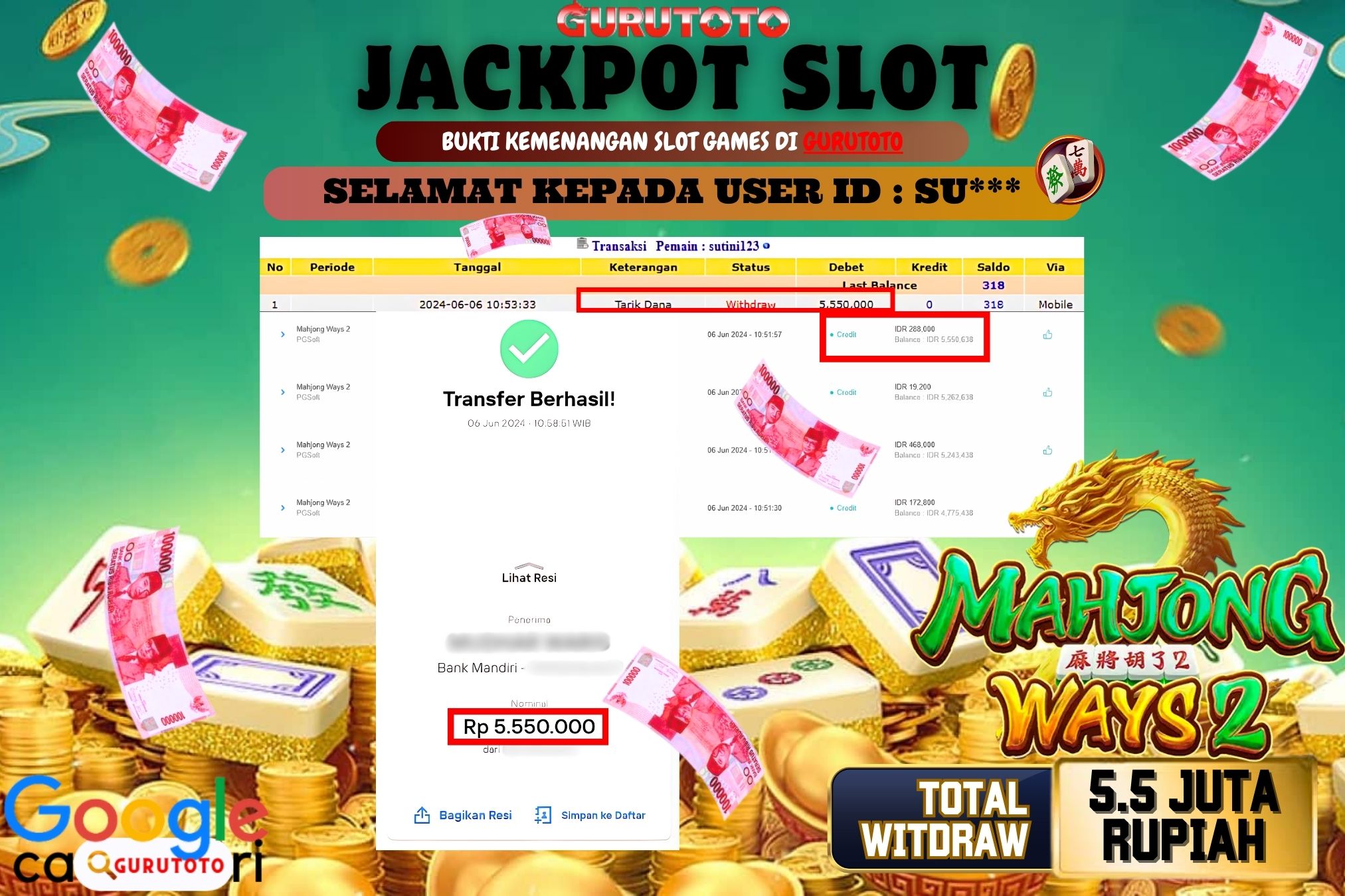 Jackpot Slot MAHJONG WAYS 2. di Gurutoto sebesar Rp.5.550.000 dibayar lunas.
