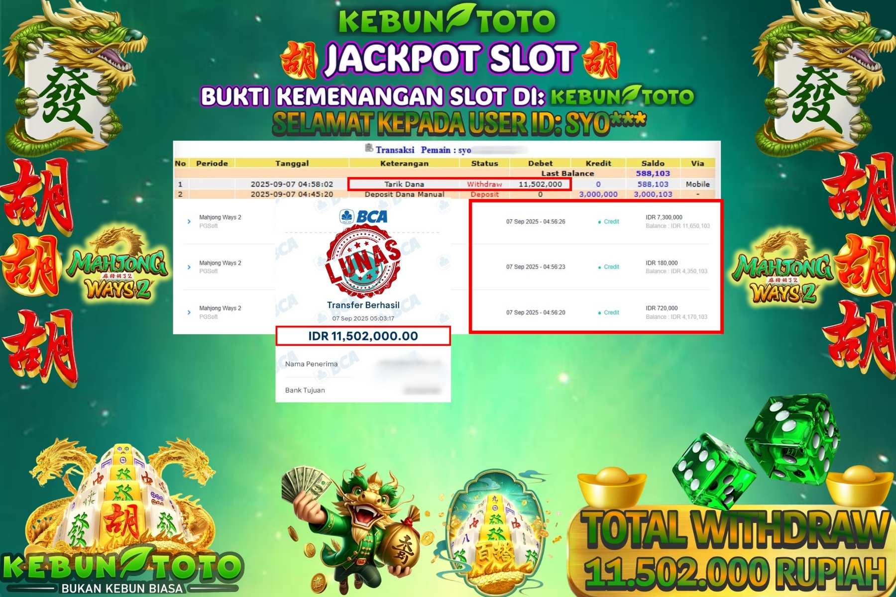 Bukti Kemenangan Rp 11.502.000 SLOT MAHJONG WAYS 2 di KEBUNTOTO!