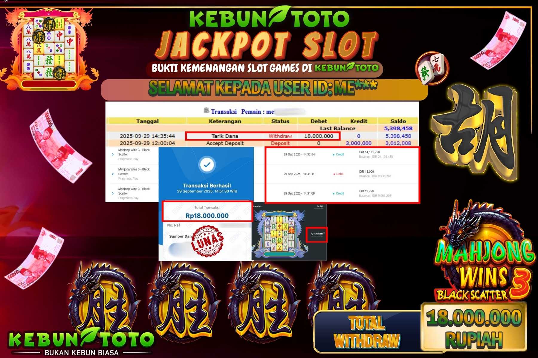 Bukti Kemenangan Rp 18.000.000 SLOT MAHJONG WINS 3 BLACK SCATTER di KEBUNTOTO!