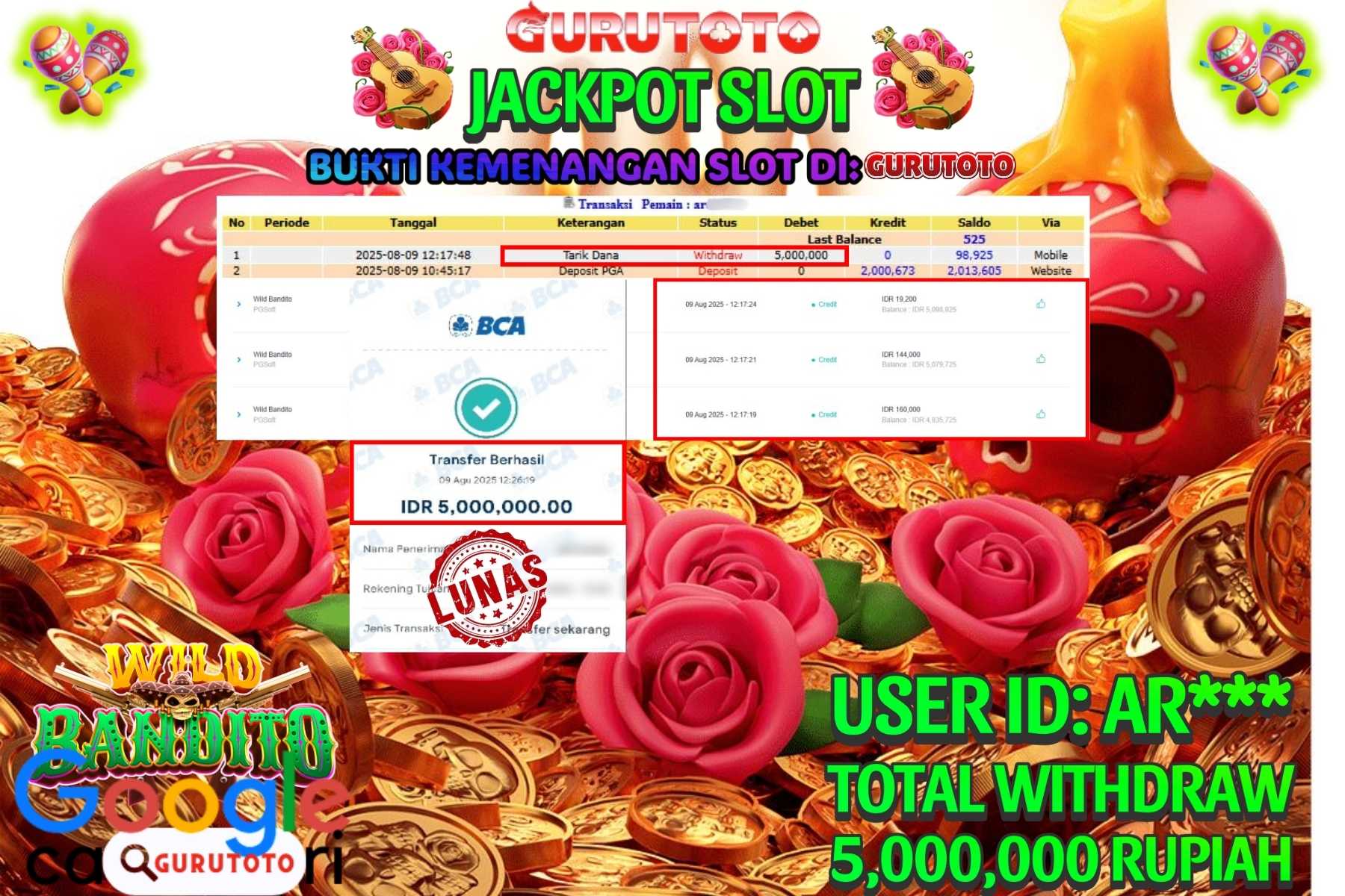 Bukti Kemenangan Rp 5.000.000 SLOT WILD BANDITO di GURUTOTO!