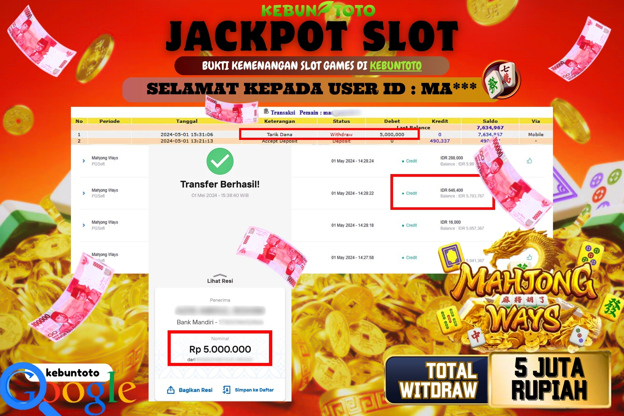 KEBUNTOTO JACKPOT SLOT MAHJONG WAYS Rp.5.000.000,- LUNAS