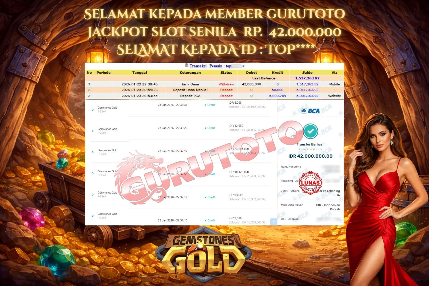 Bukti Kemenangan Rp 42.000.000 GEMSTONES GOLD !